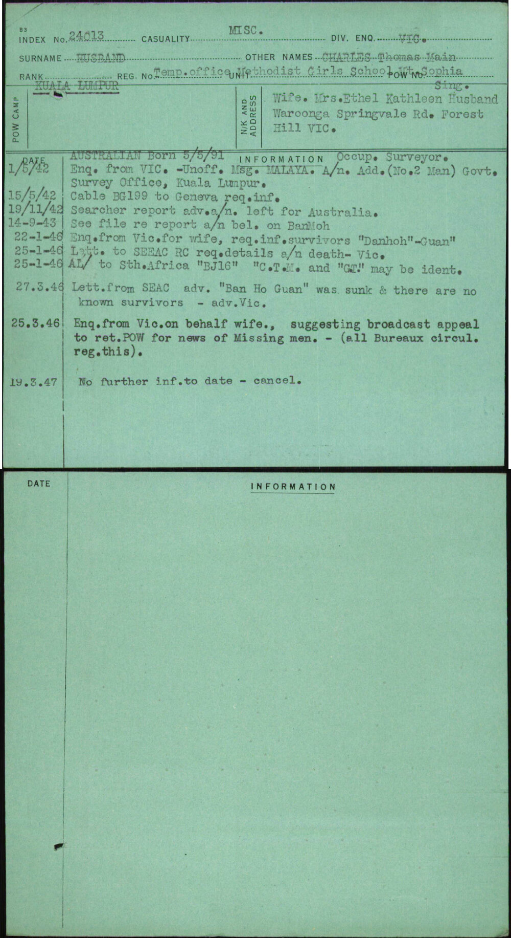 Husband, Charles Thomas Main, Temp Office Methodist Girls School Mt Sophia Sing