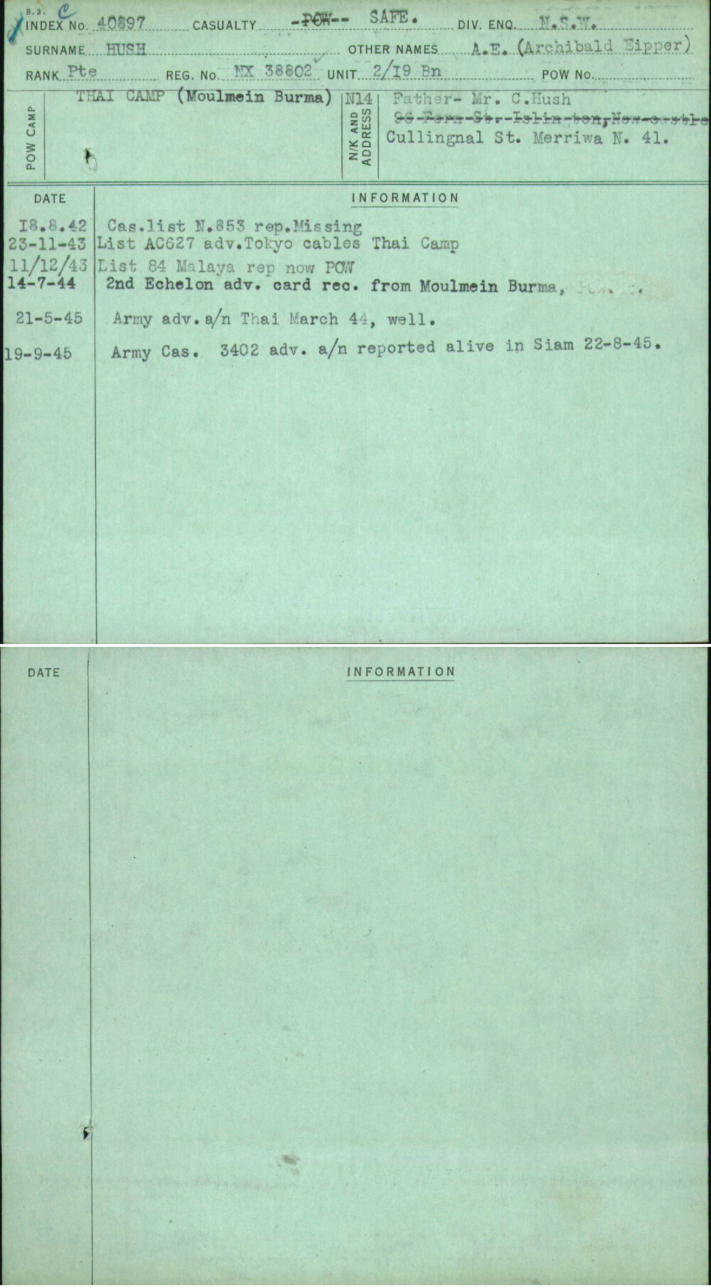 Hush, A E (Archibald Eipper), NX38802
