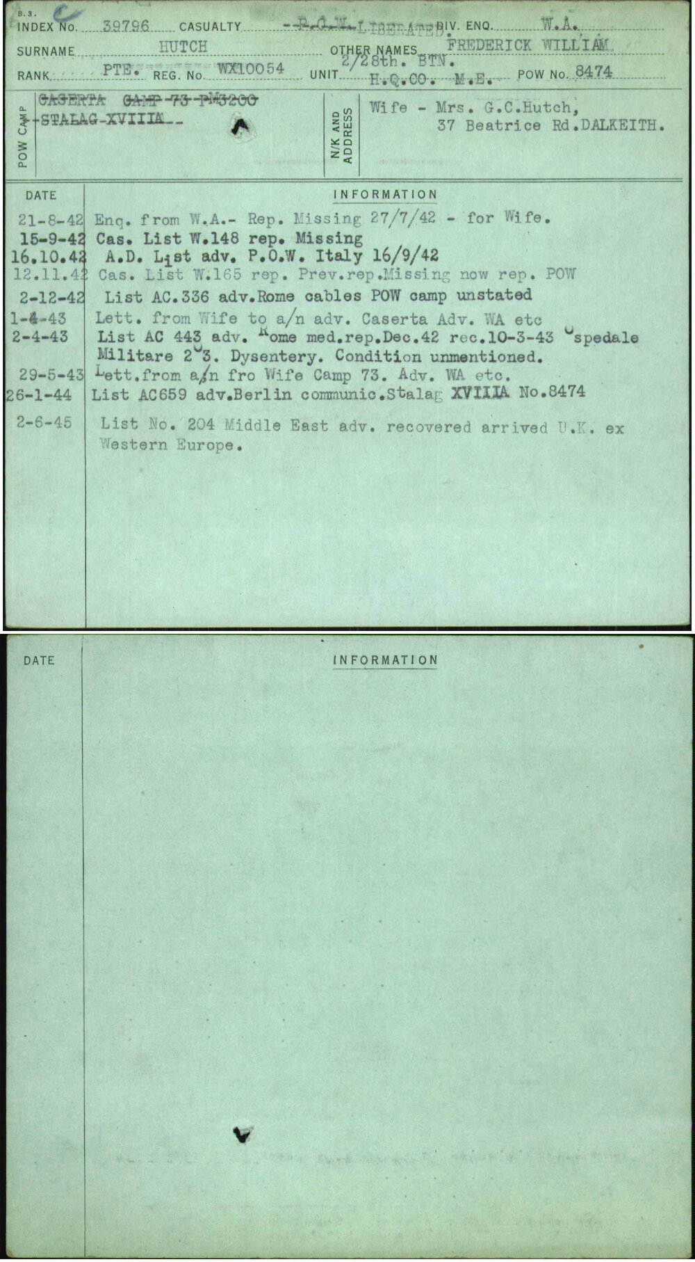 Hutch, Frederick William, WX10054