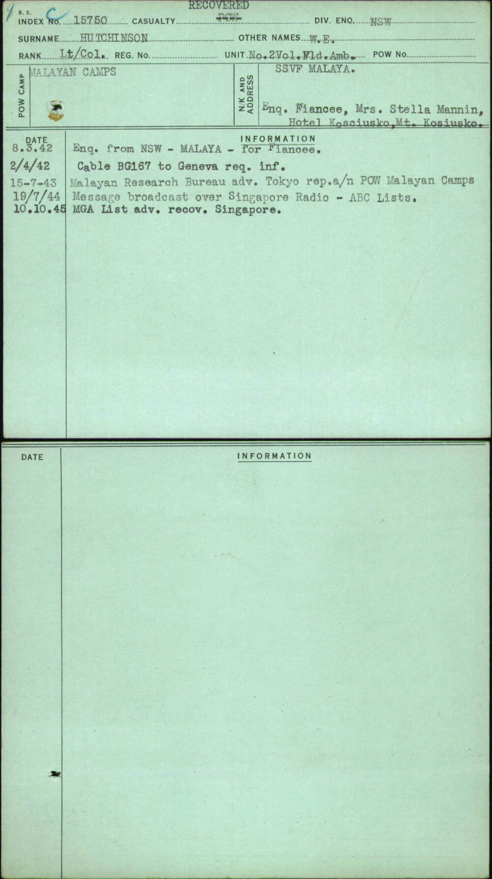 Hutchinson, W E, [No Service Number]