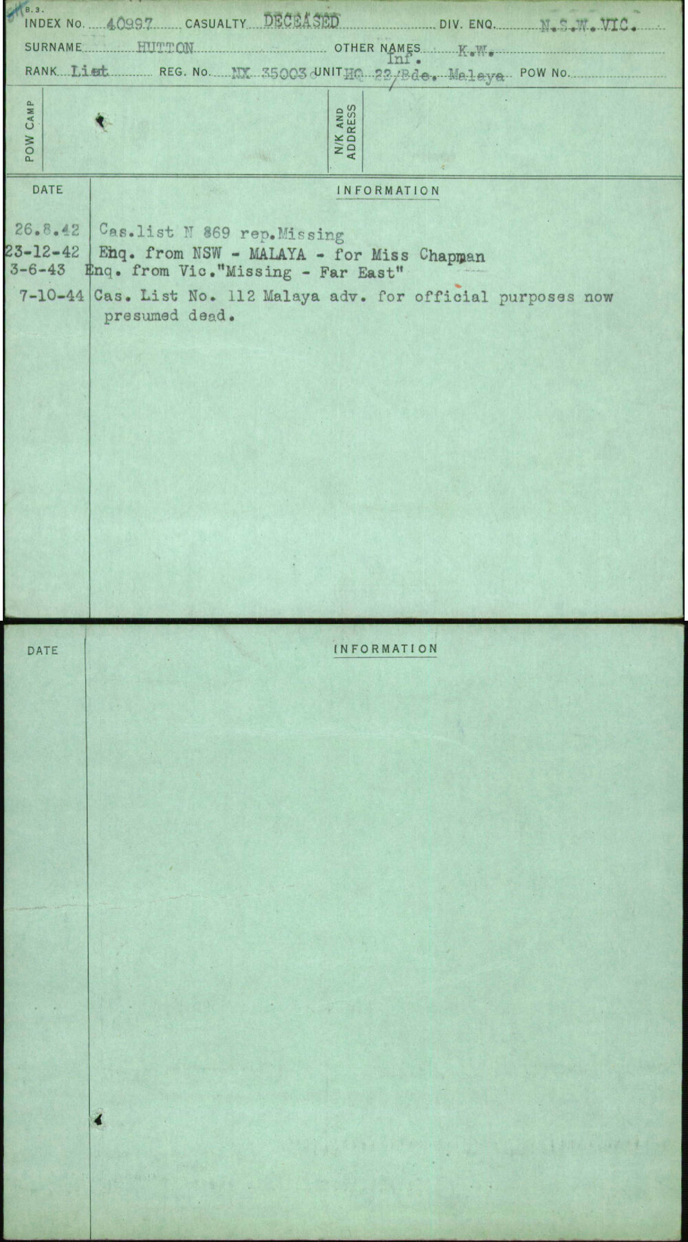 Hutton, K W, NX35003