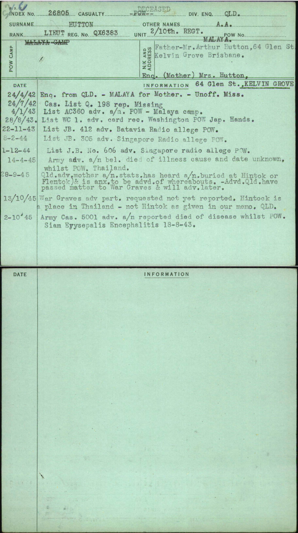 Hutton, A A, QX6383