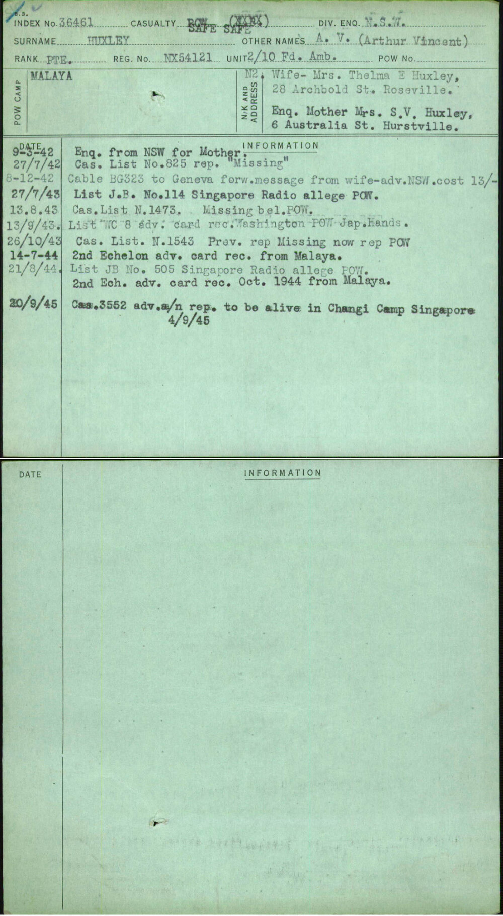 Huxley, A V (Arthur Vincent), NX54121