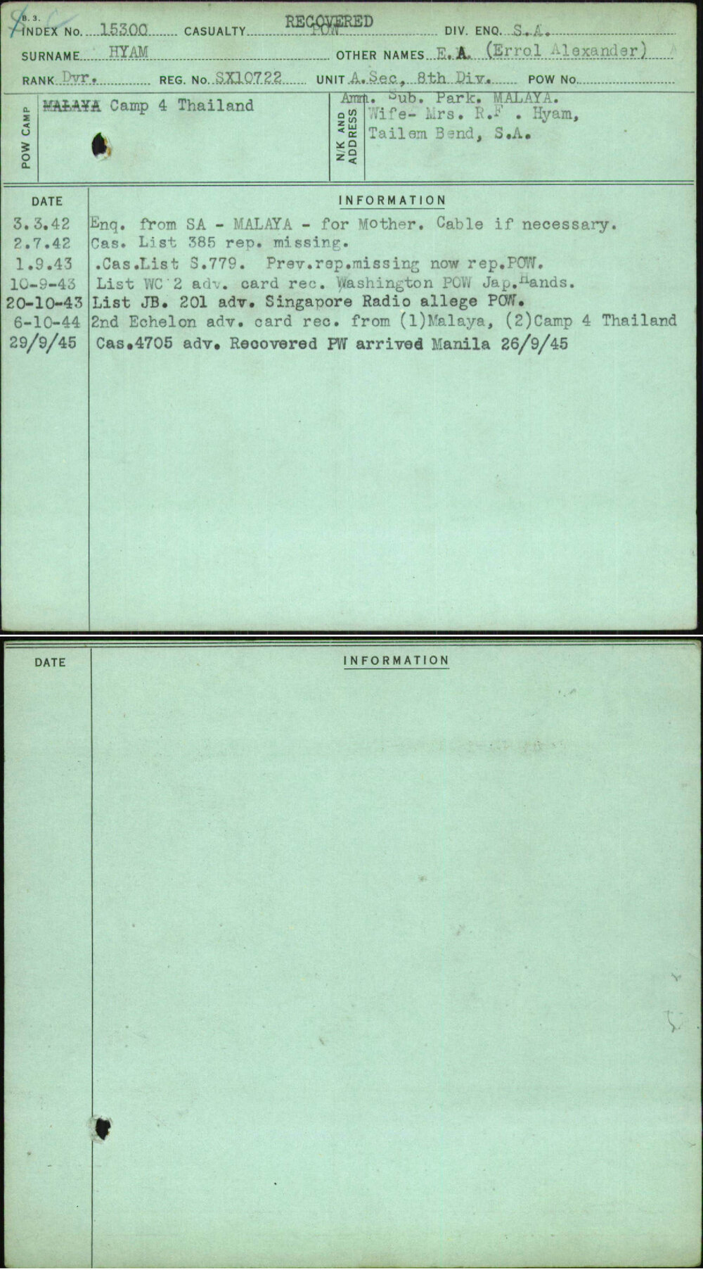 Hyam, E A (Errol Alexander), SX10722