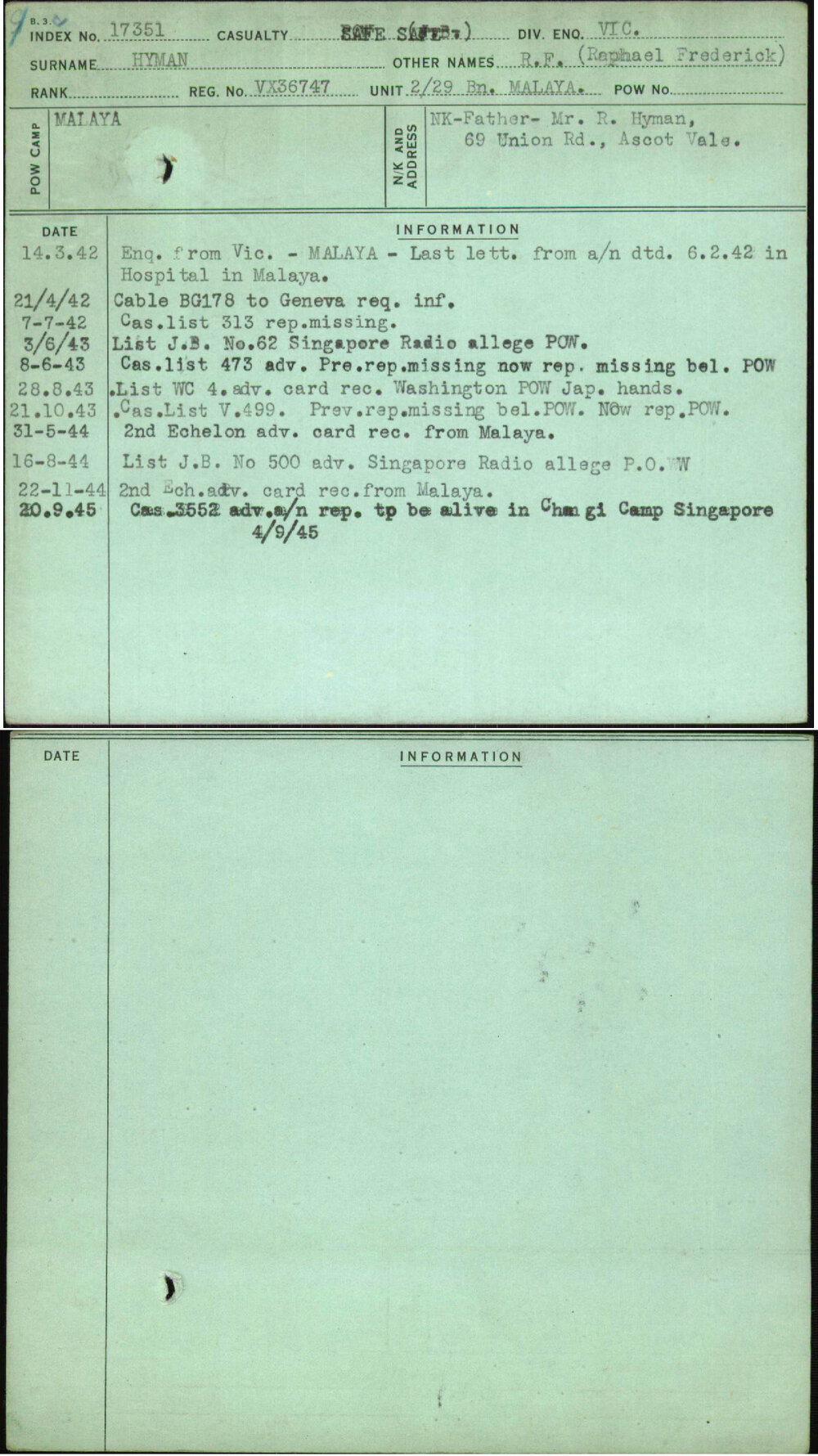 Hyman, R F (Raphael Frederick), VX36747