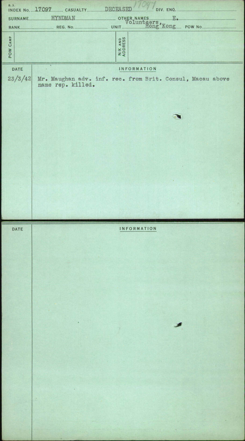 Hyndman, E, [No Service Number]