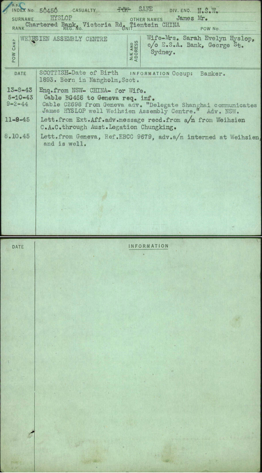 Hyslop, James Mr, [No Service Number]