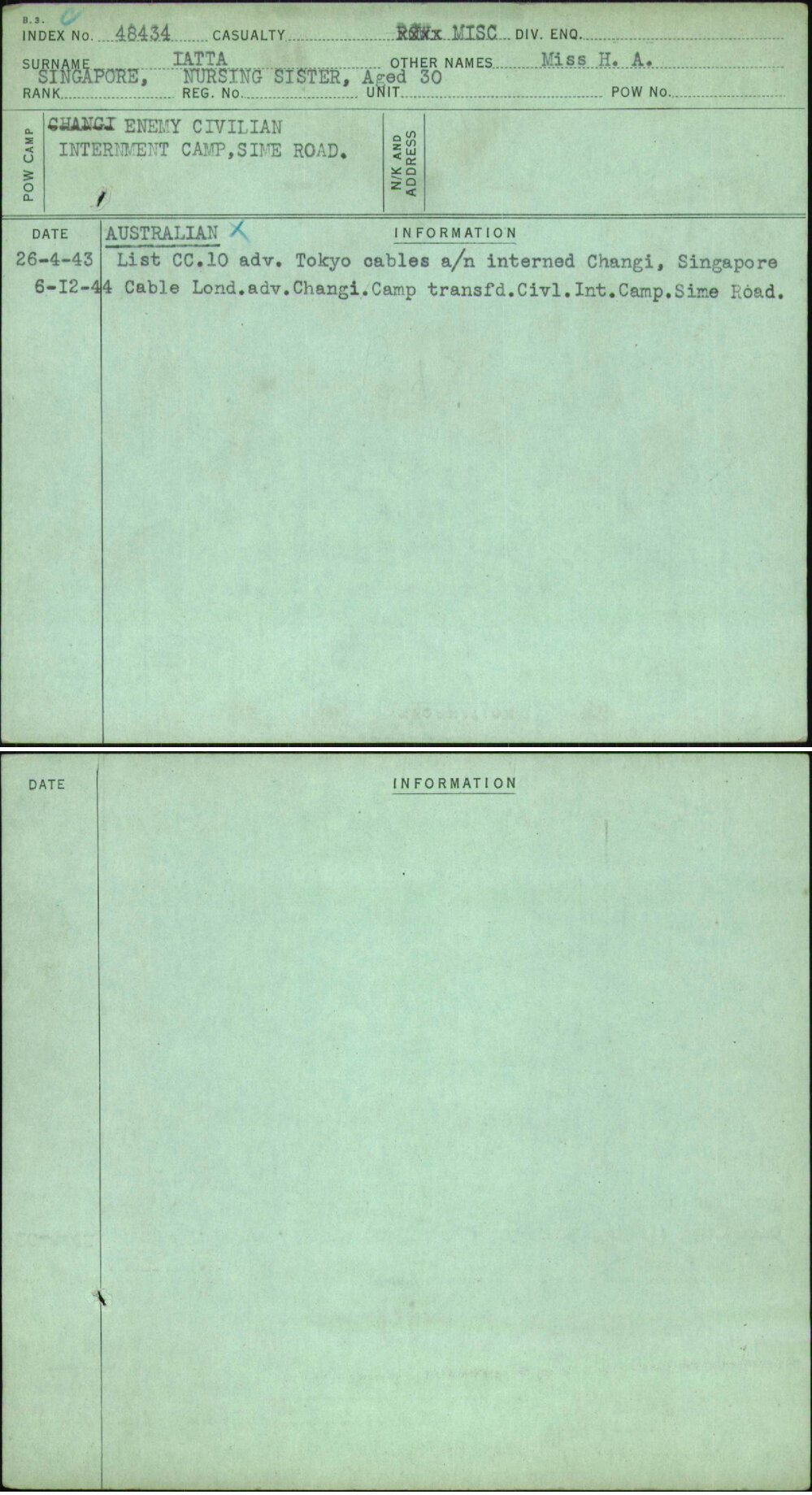 Iatta, Miss H A, Nursing Sister Aged 30