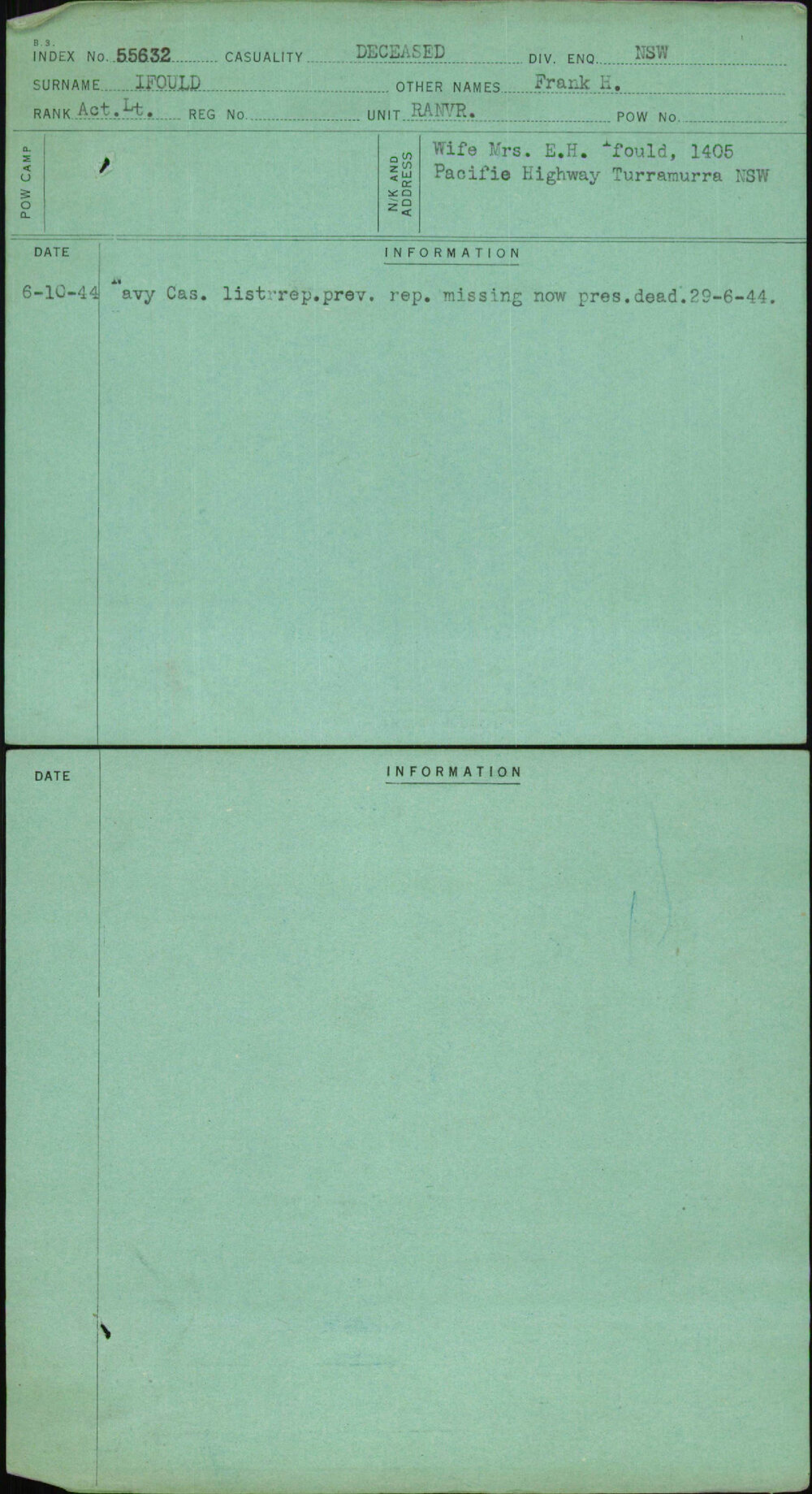 Ifould, Frank H, [No Service Number]