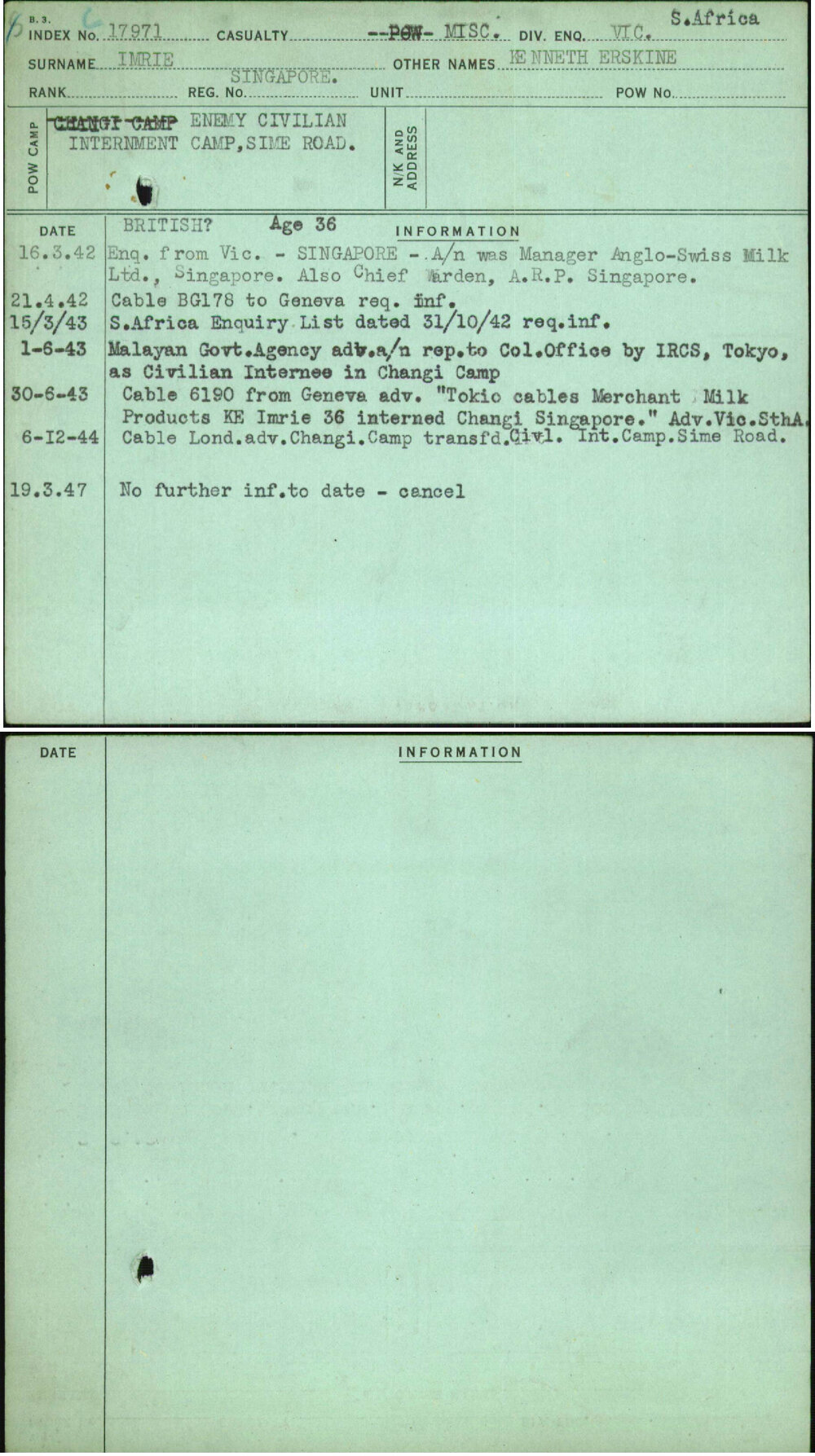 Imrie, Kenneth Erskine, Singapore