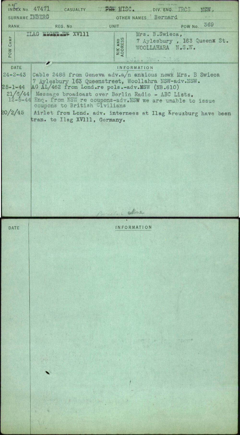 Inberg, Bernard, [No Service Number]