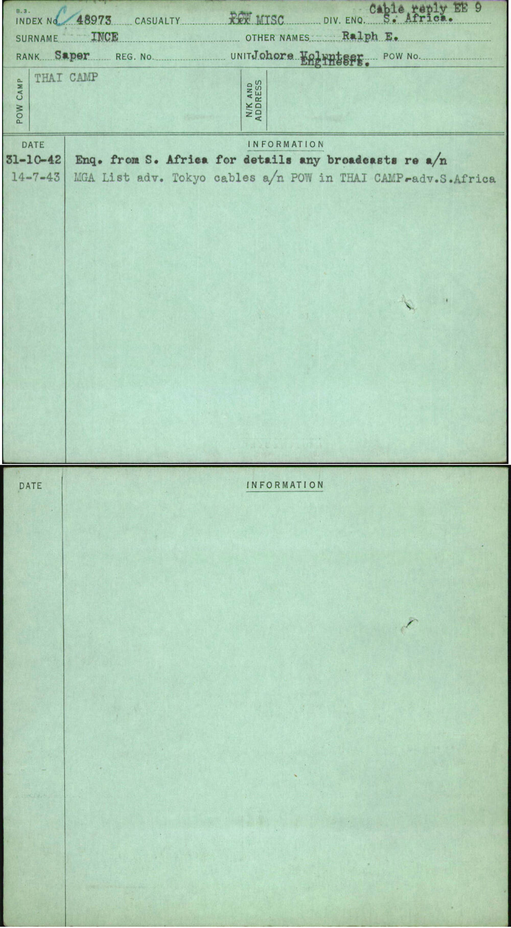 Ince, Ralph E, [No Service Number]