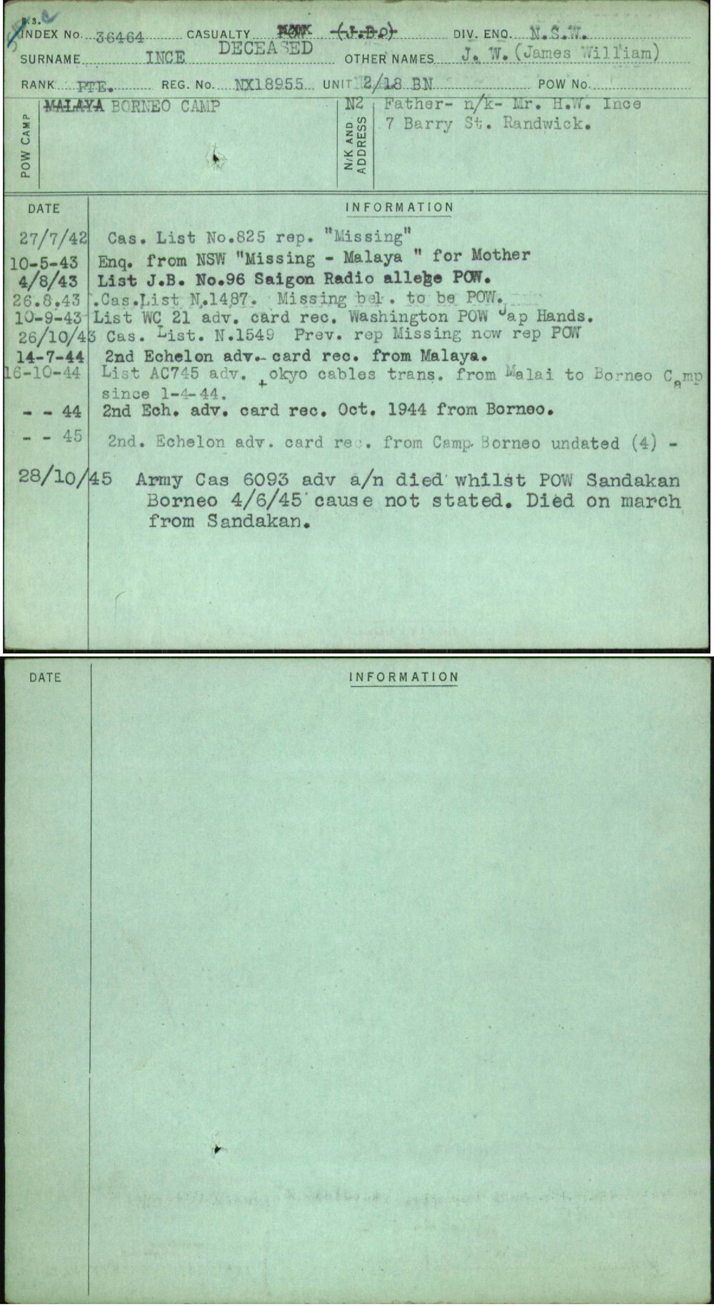 Ince Deceased, J W (James William), NX18955