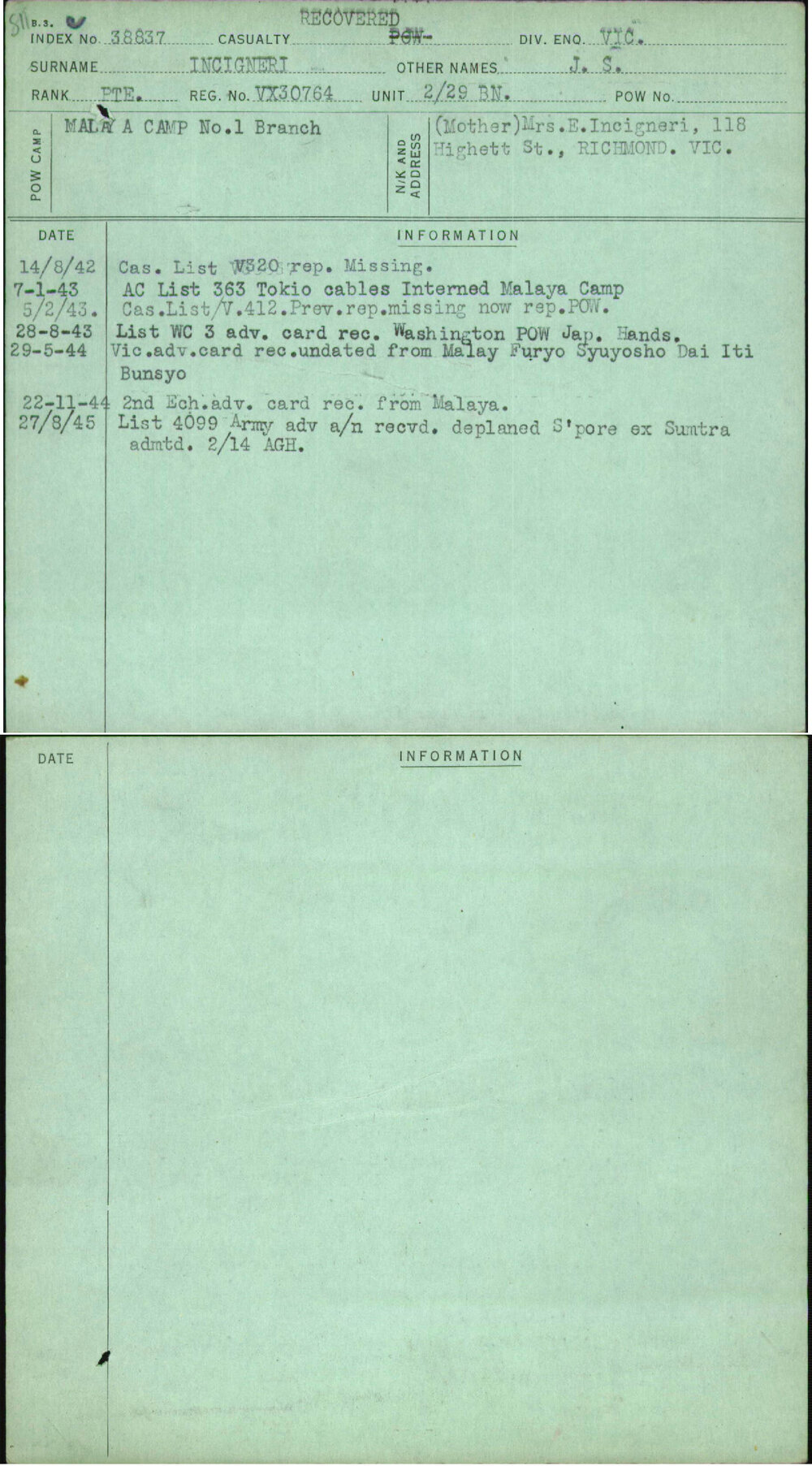 Incigneri, J S, VX30764