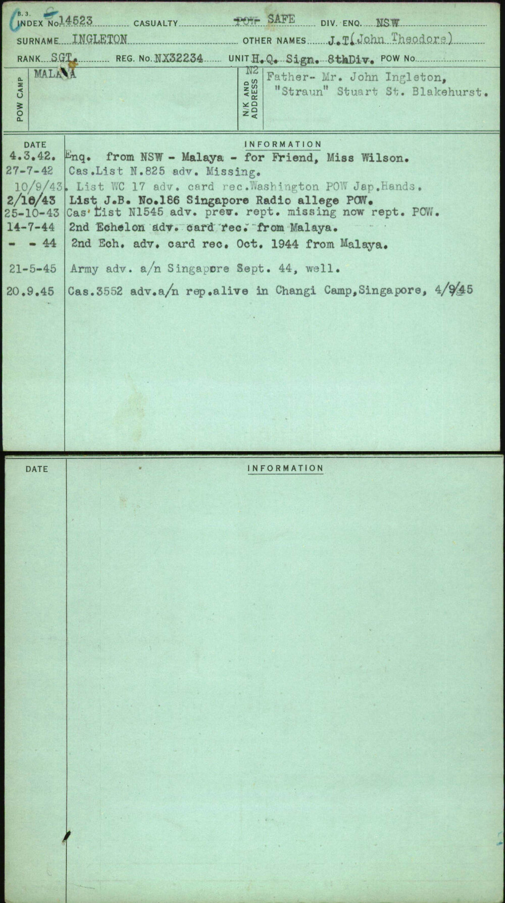 Ingleton, J T (John Theodore), NX32234