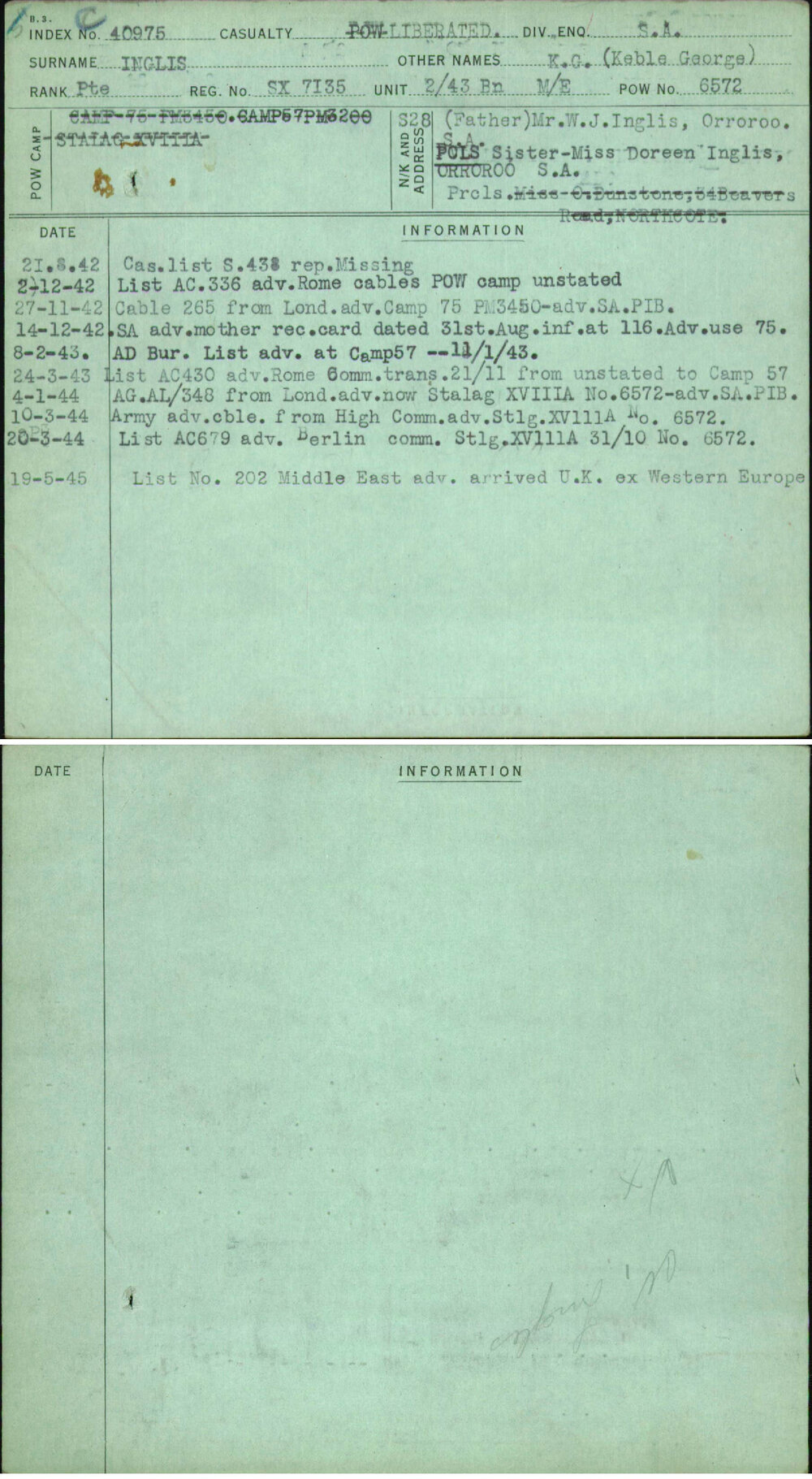 Inglis, K G (Keble George), SX7135