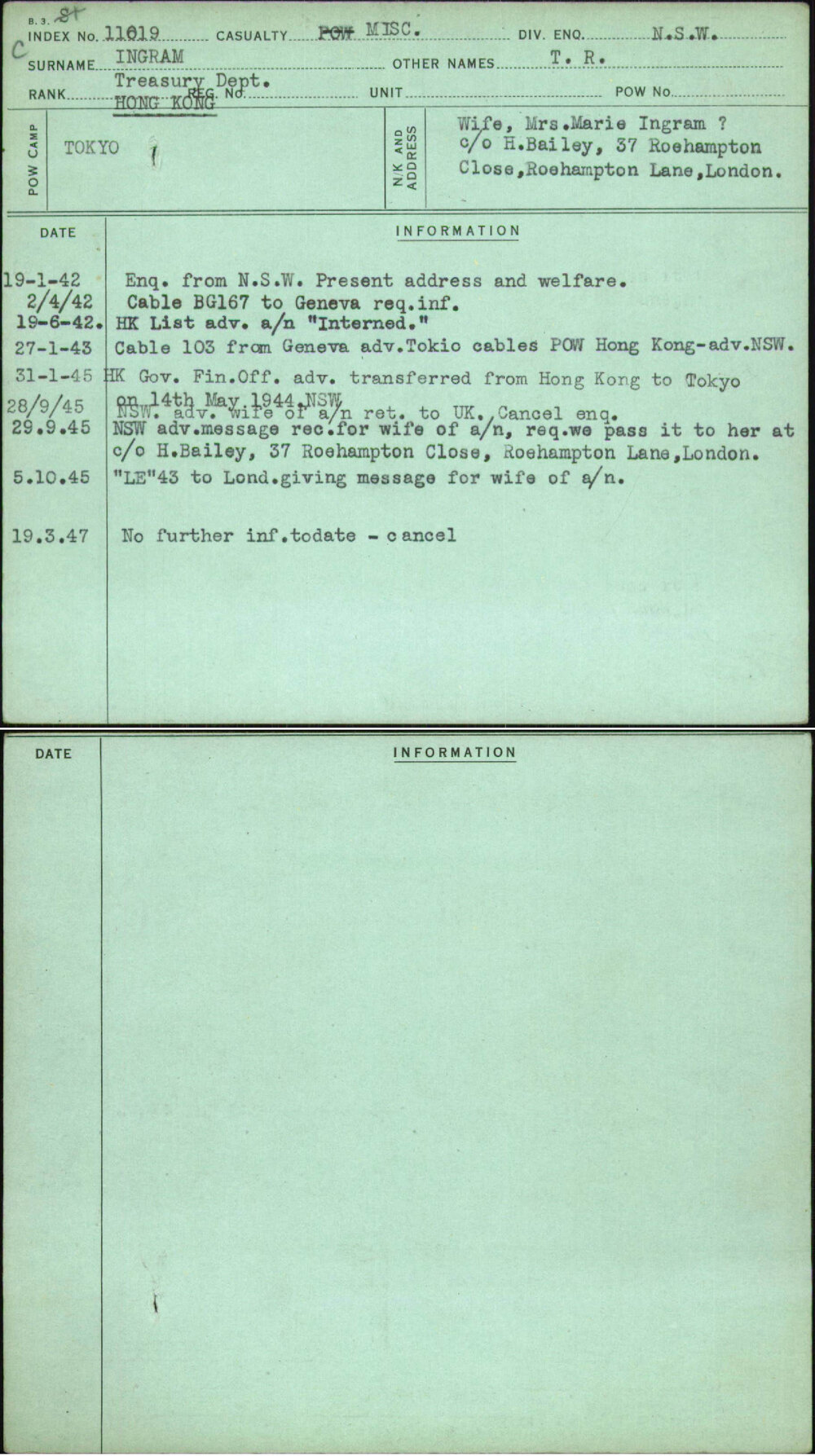 Ingram, T R, [No Service Number]