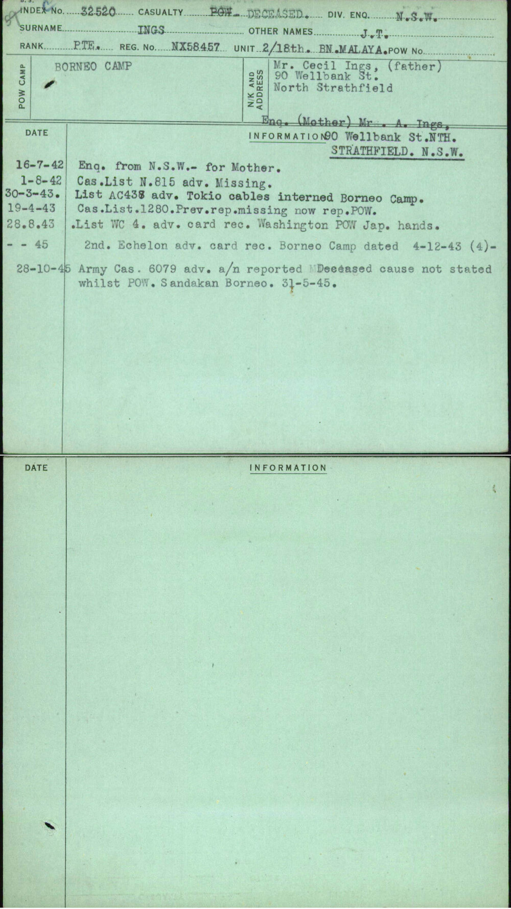 Ings, J T, NX58457