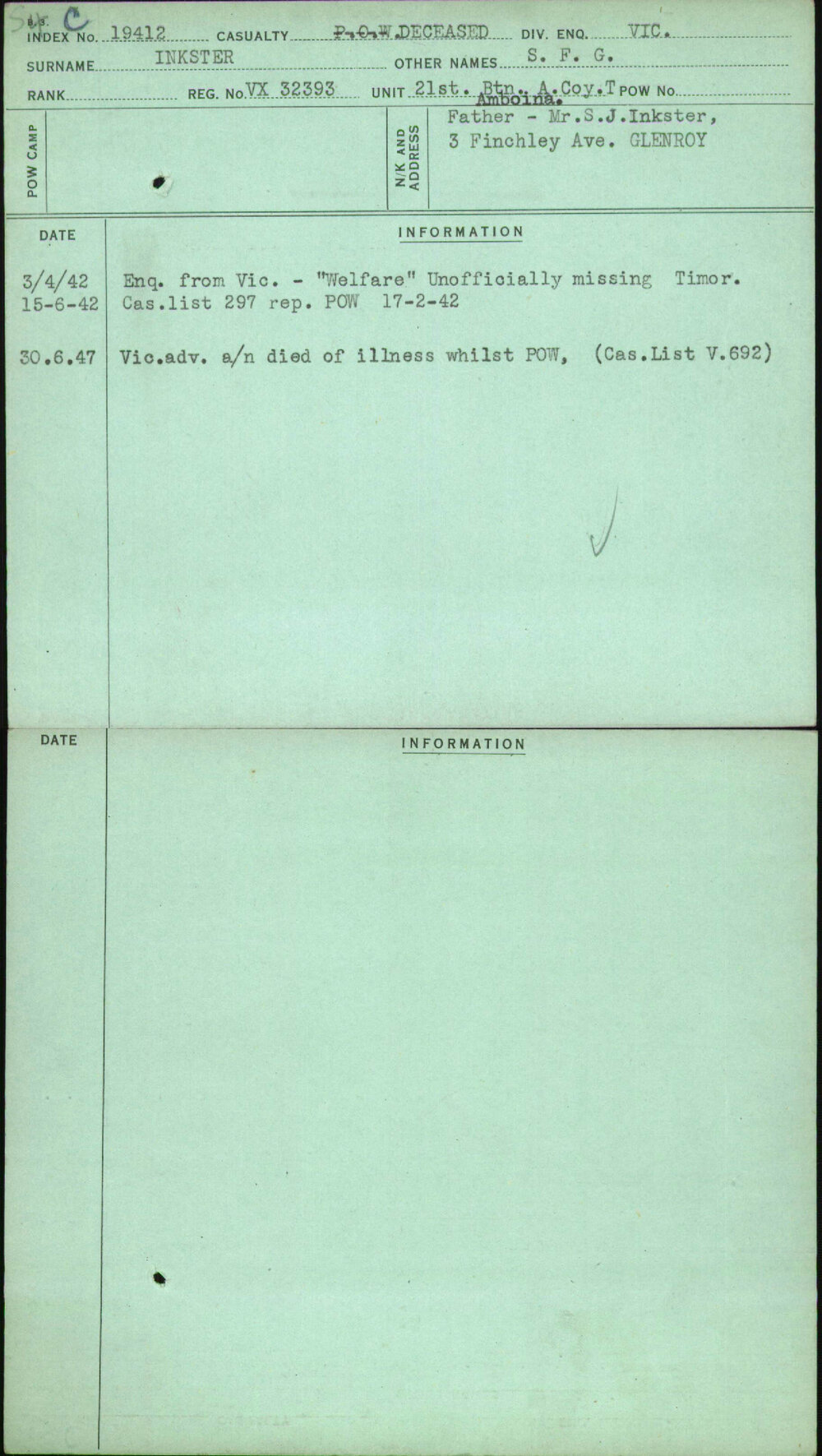 Inkster, S F G, VX32393