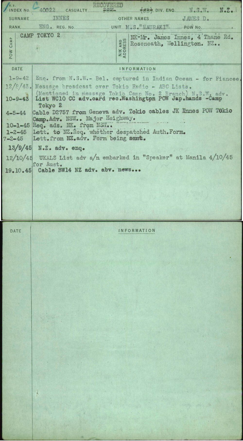 Innes, James D, [No Service Number]