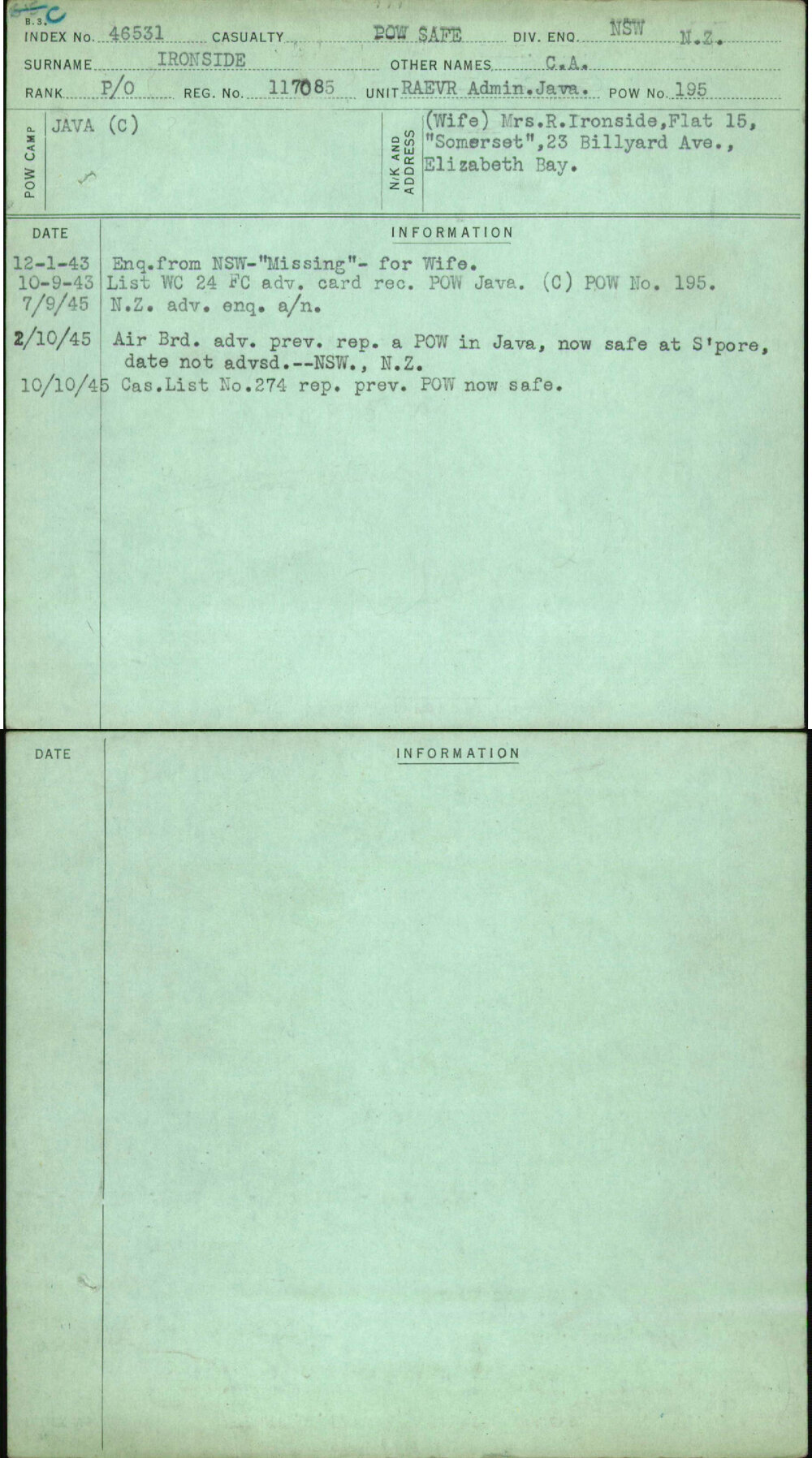 Ironside, C A, 117085