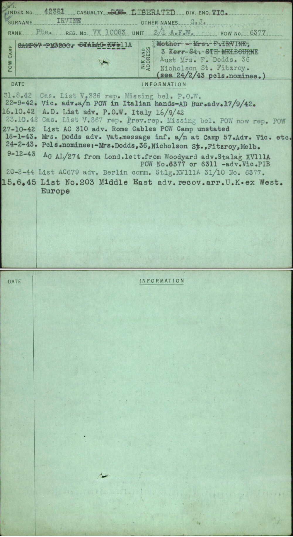 Irvine, G J, VX10083