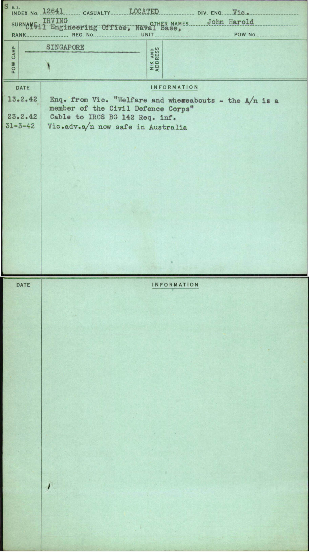Irving, John Harold, [No Service Number]