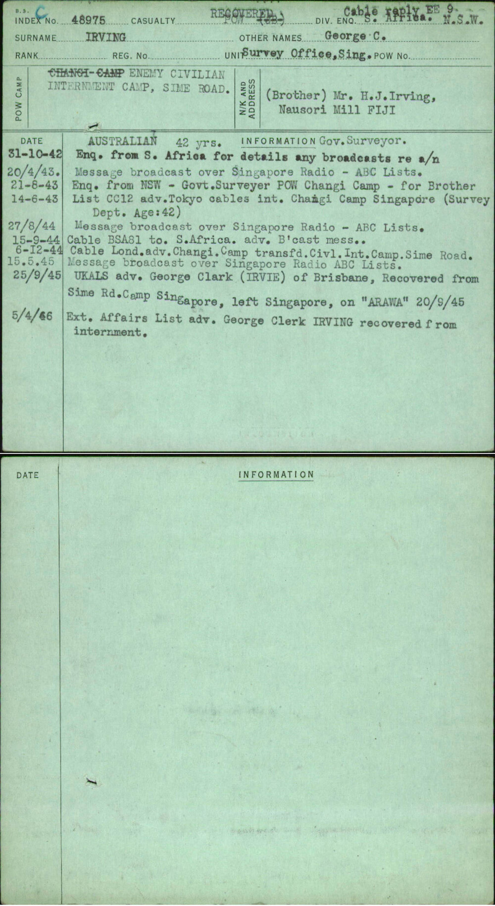 Irving, George C, [No Service Number]