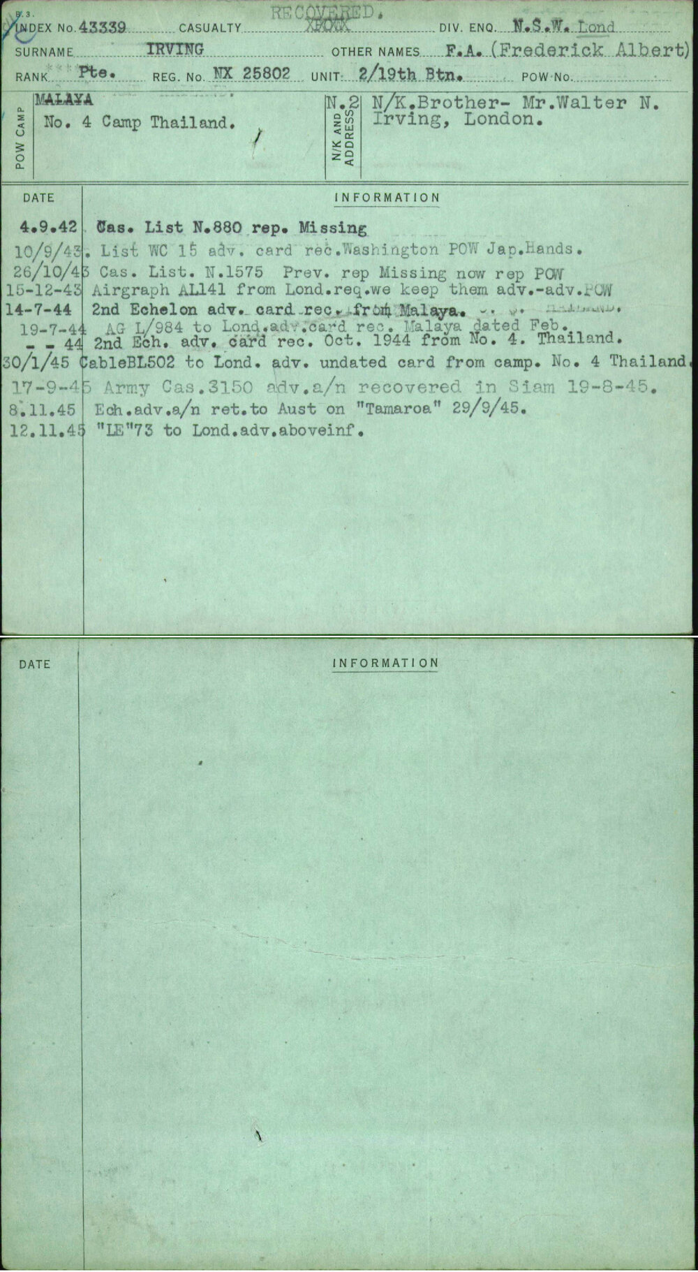 Irving, F A (Frederick Albert), NX25802