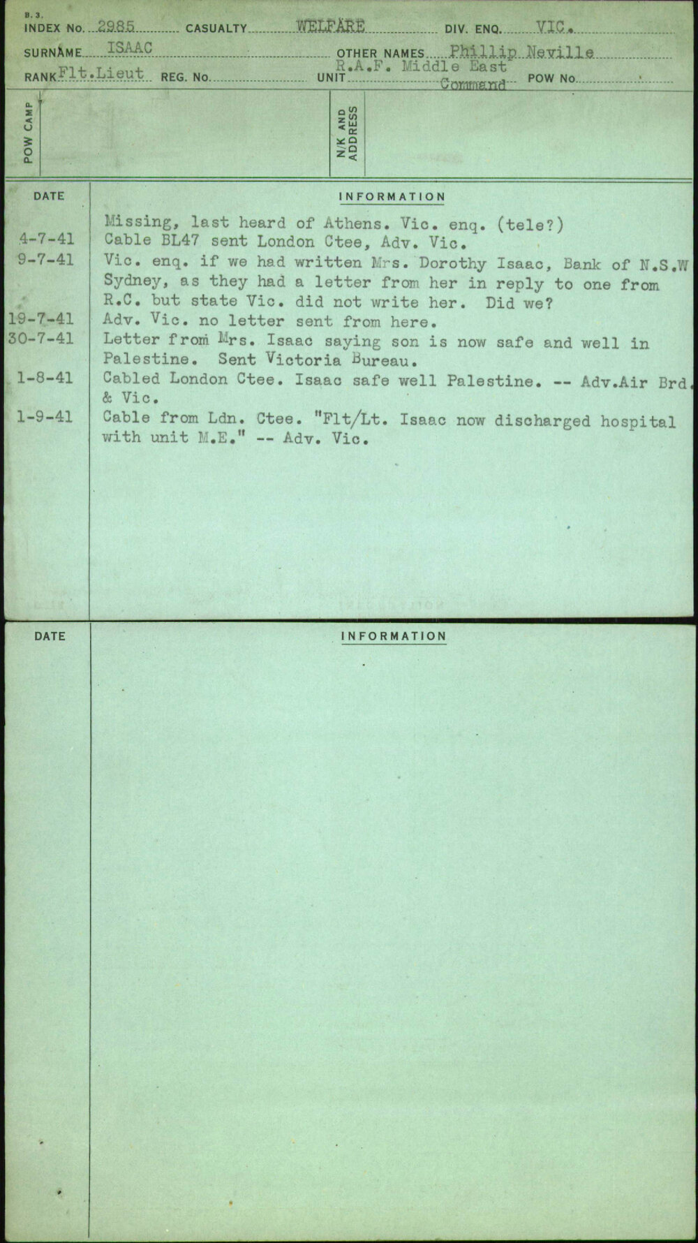 Isaac, Phillip Neville, [No Service Number]