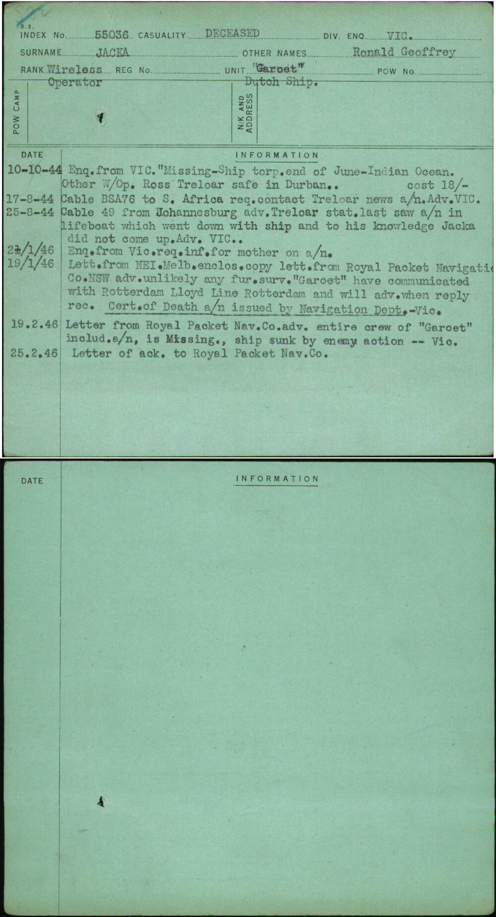 Jacka, Ronald Geoffrey, [No Service Number]