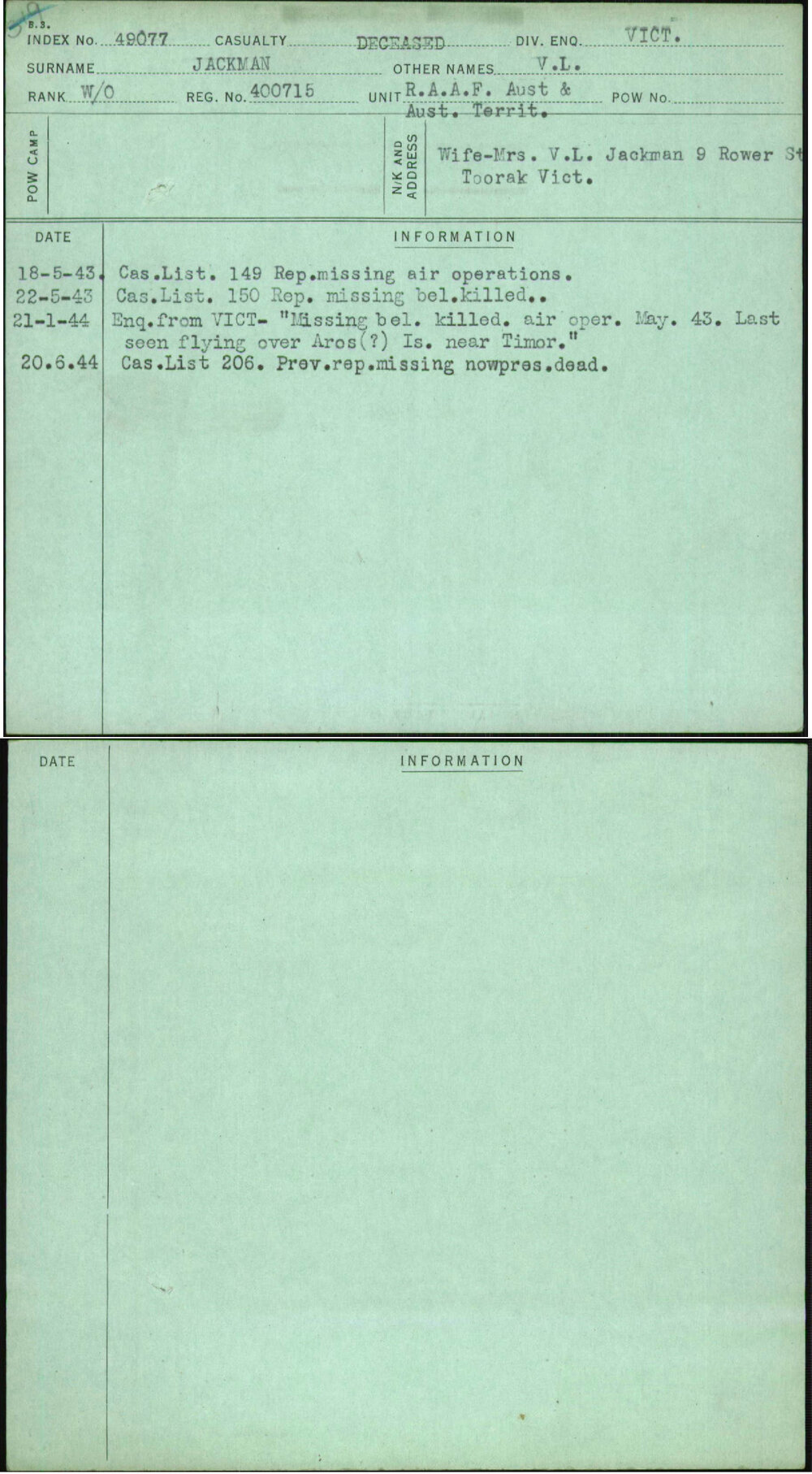 Jackman, V L, 400715