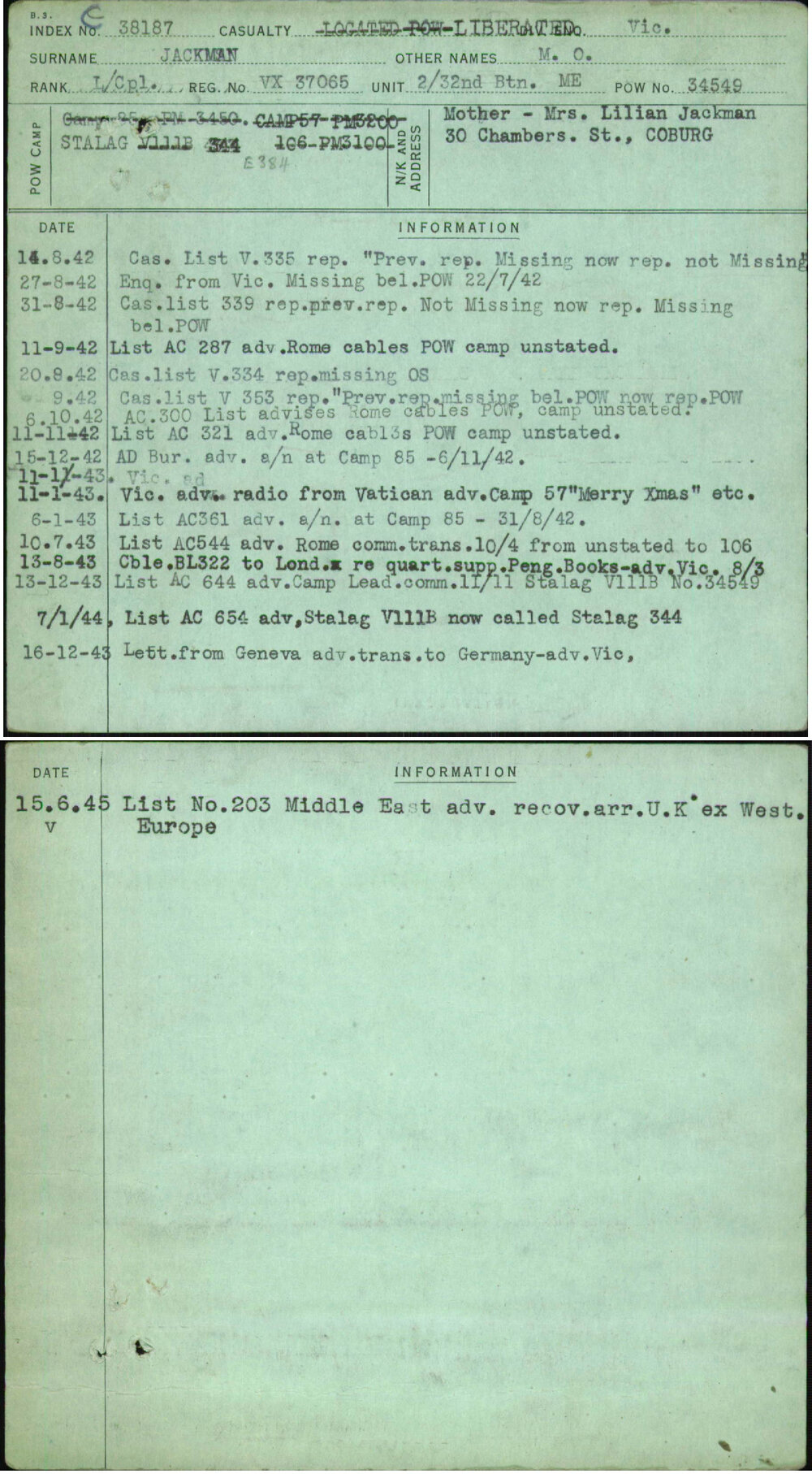 Jackman, M O, VX37065