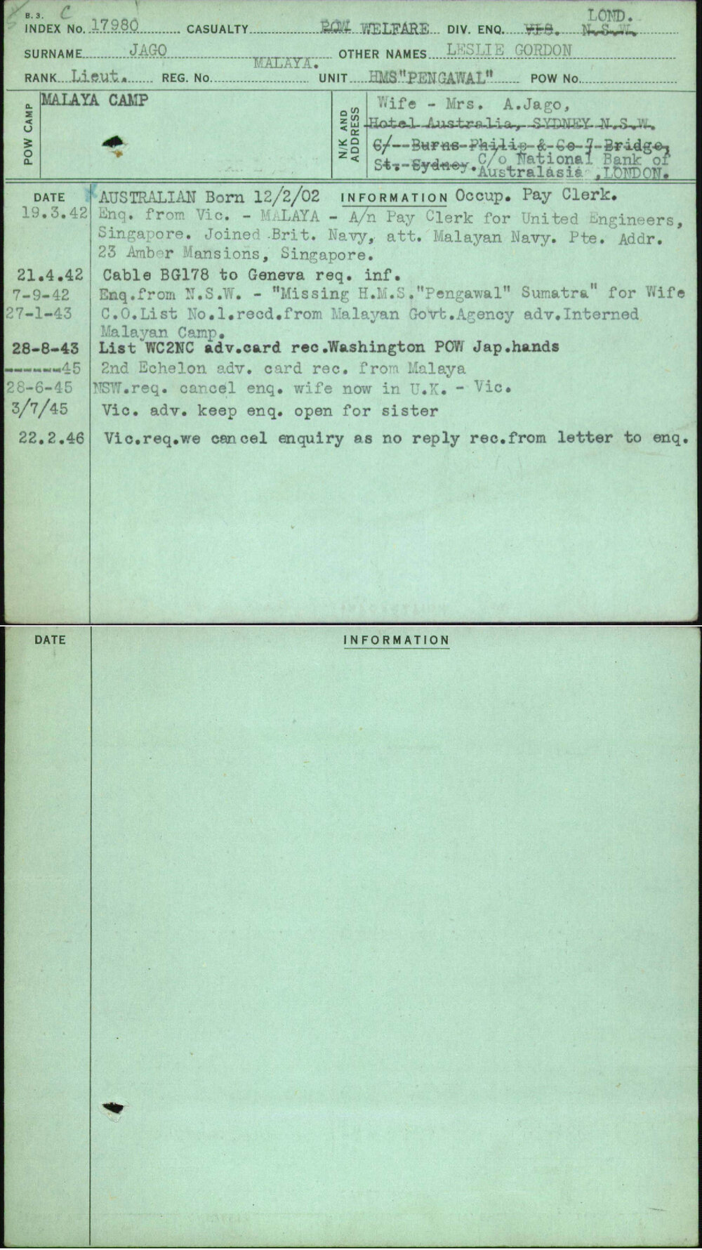 Jago, Leslie Gordon, Malaya