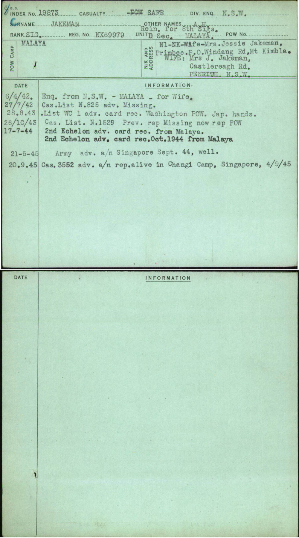 Jakeman, A H, NX69979