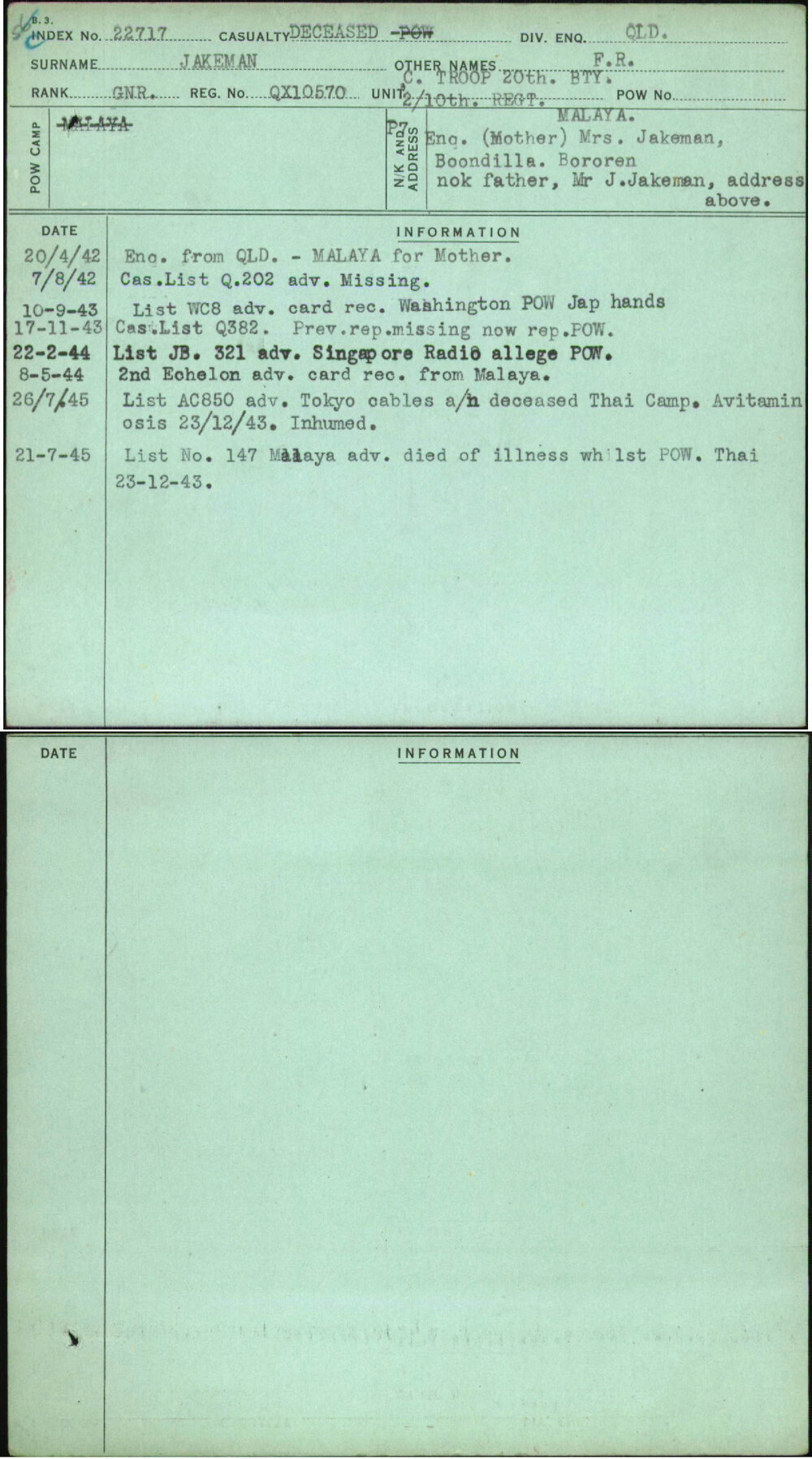 Jakeman, F R, QX10570