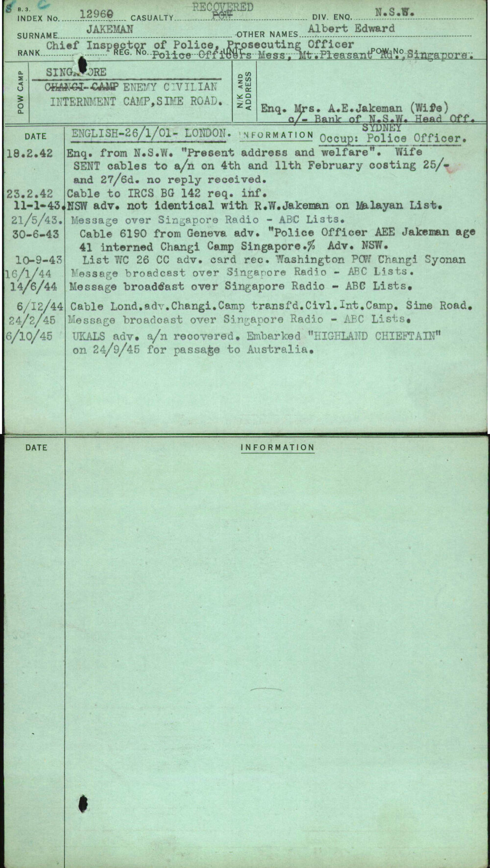 Jakeman, Albert Edward, [No Service Number]