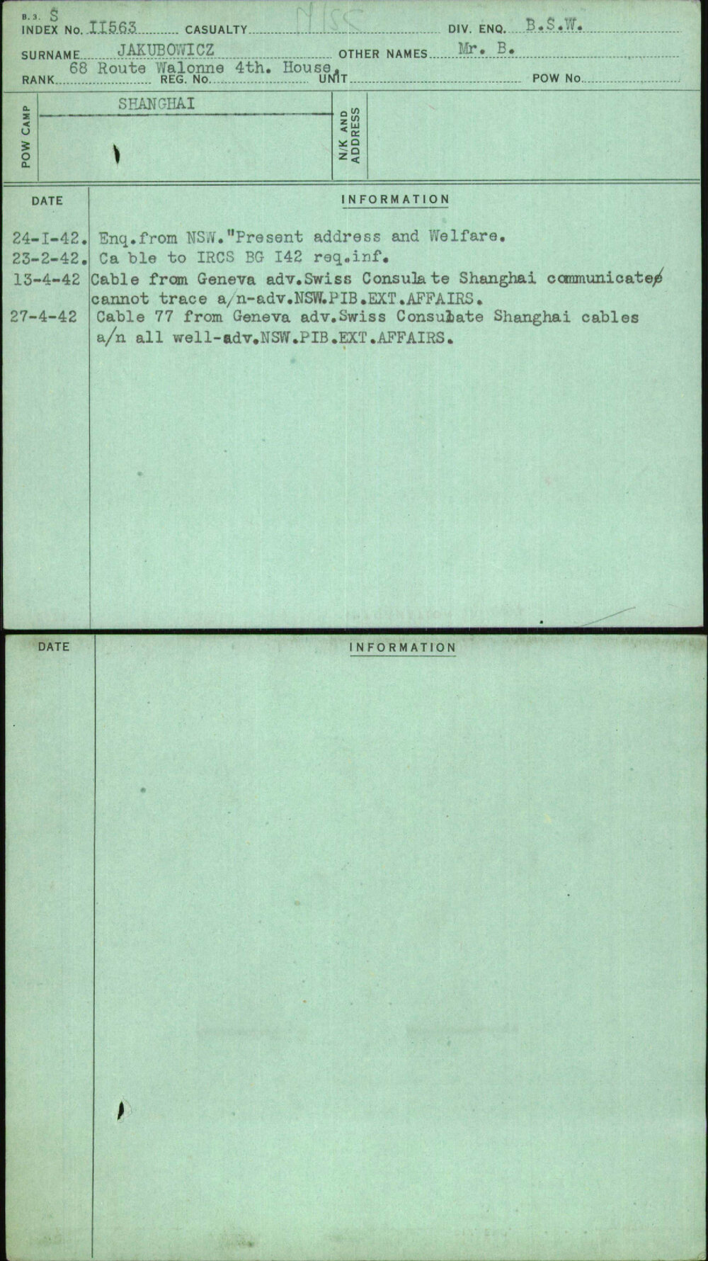 Jakubowicz, Mr B, [No Service Number]