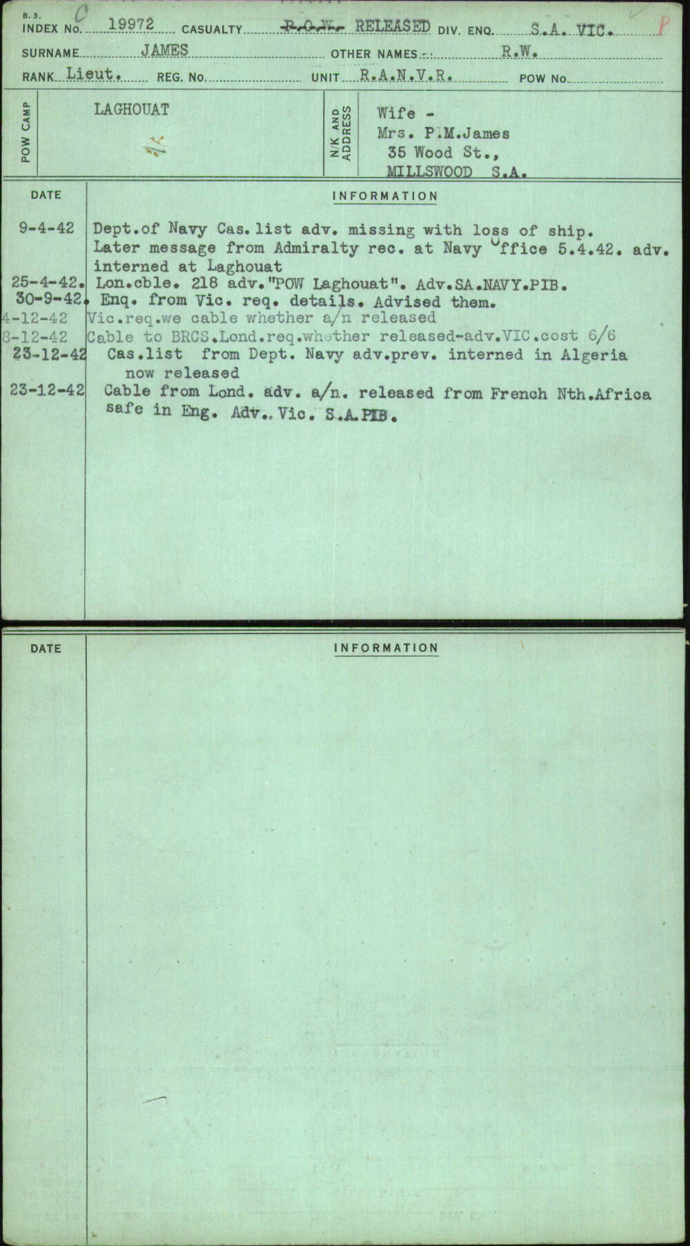 James, R W, [No Service Number]