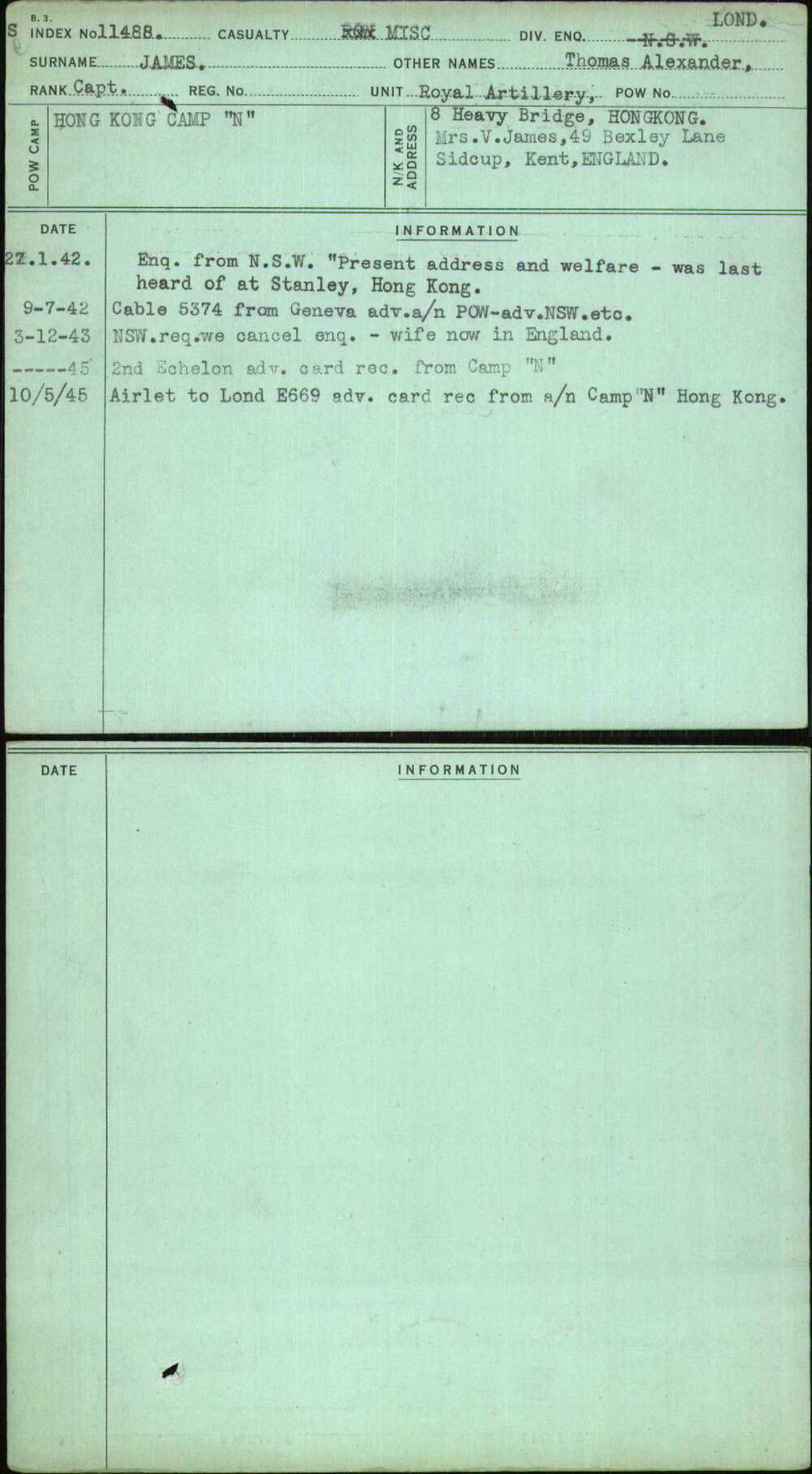 James, Thomas Alexander, [No Service Number]