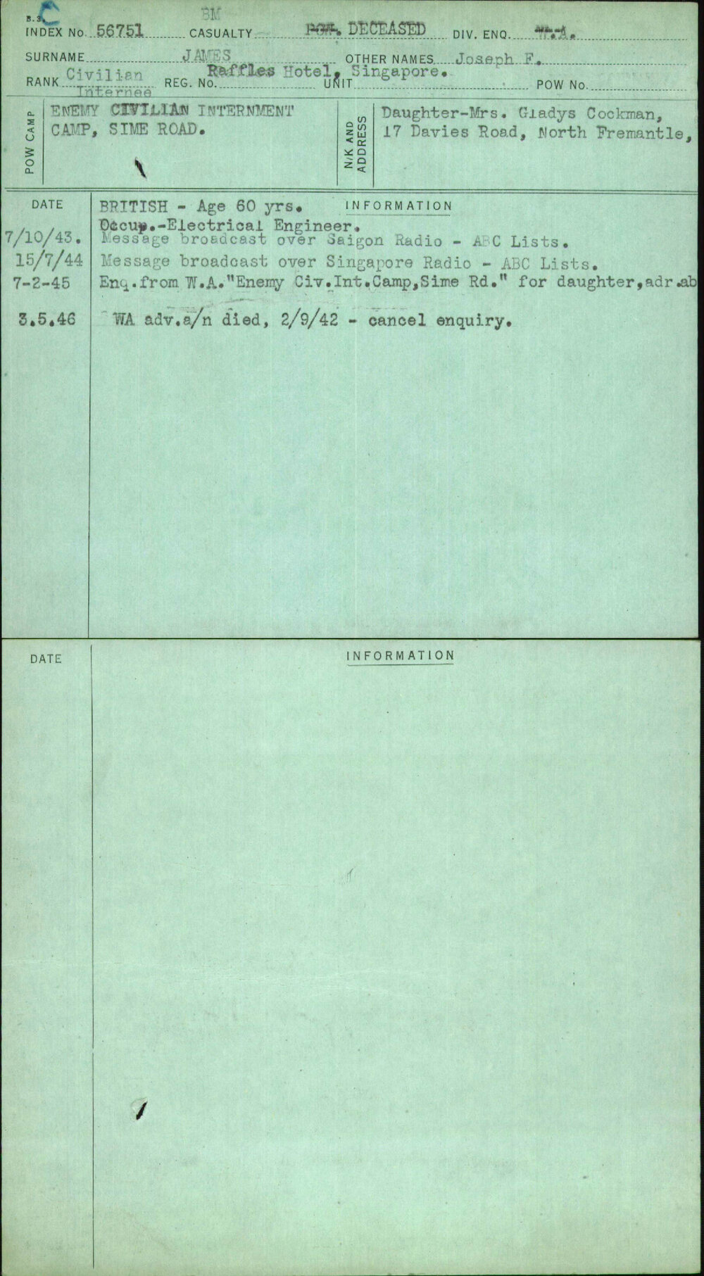 James, Joseph F, Raffles Hotel Singapore