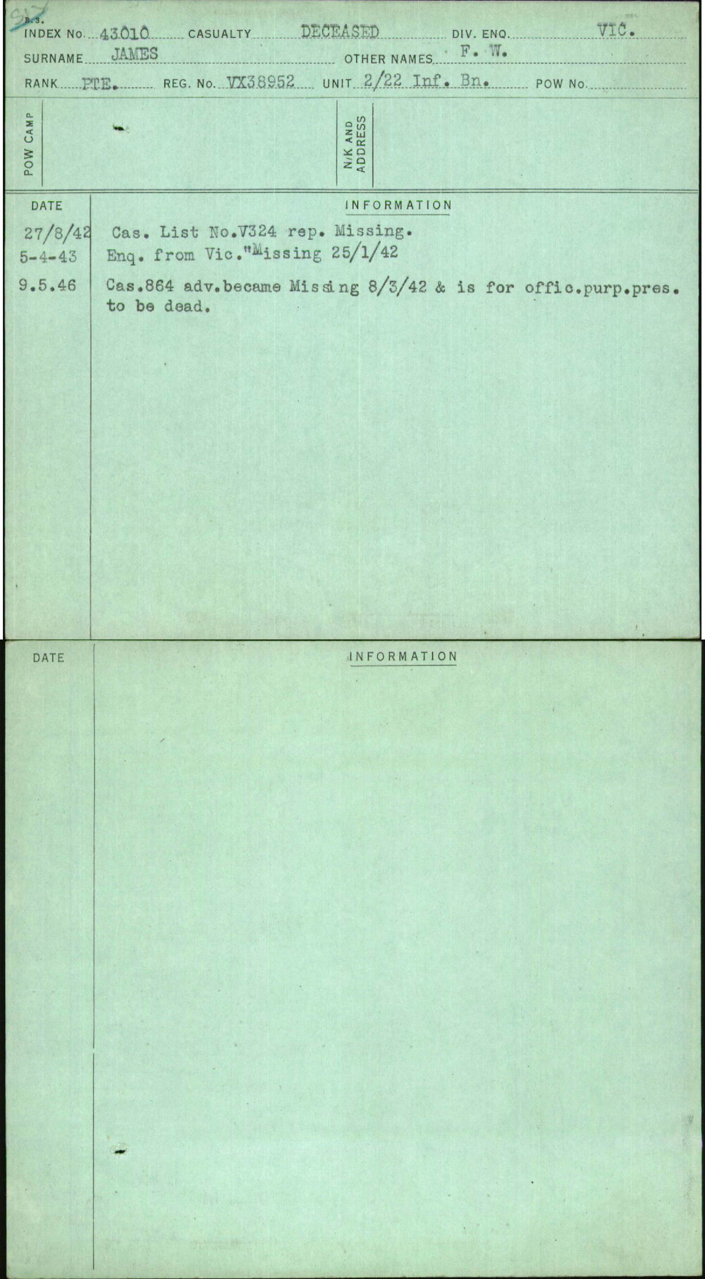 James, F W, VX38952