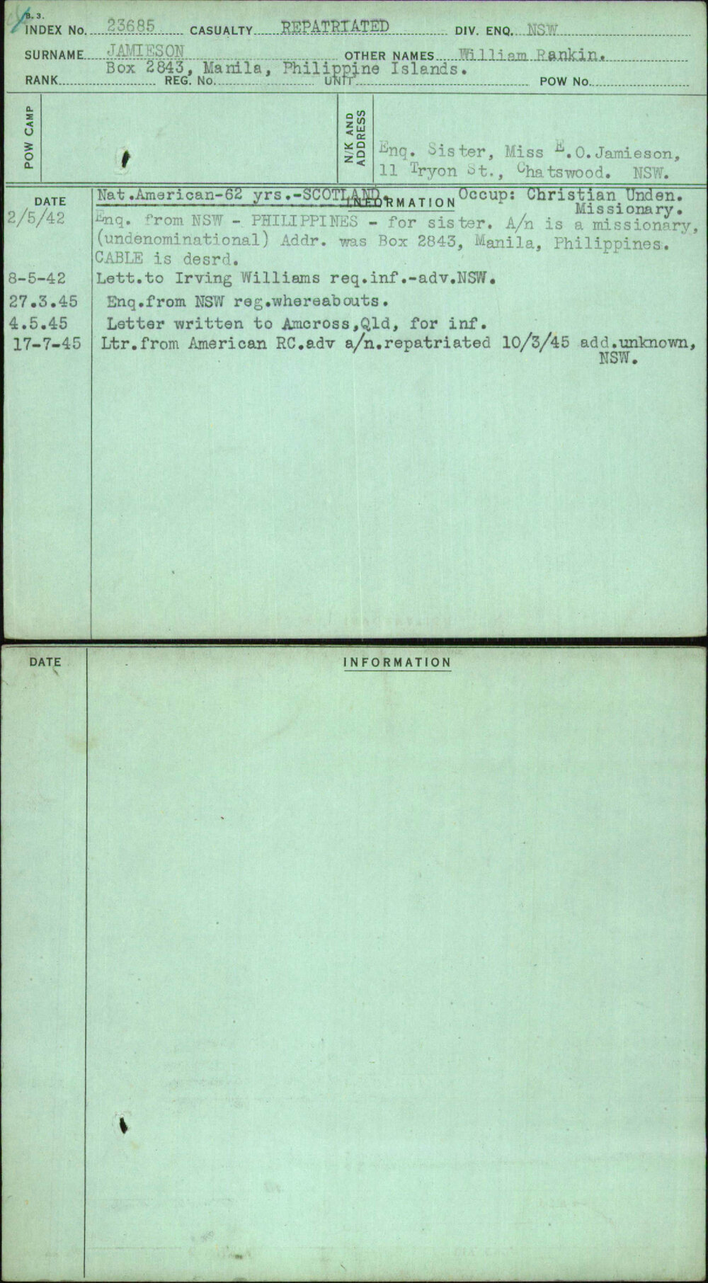 Jamieson, William Rankin, [No Service Number]