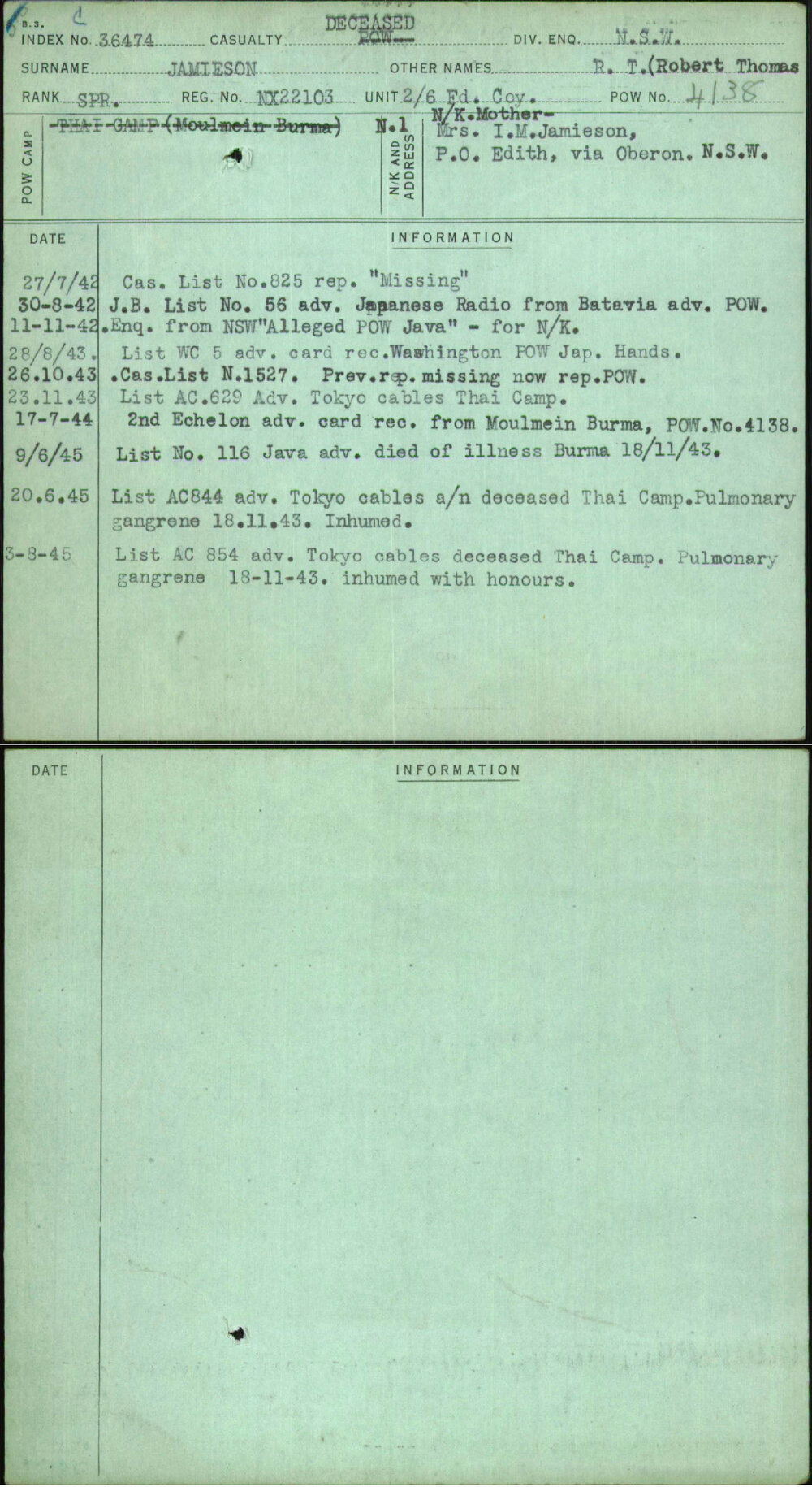 Jamieson, R T (Robert Thomas, NX22103