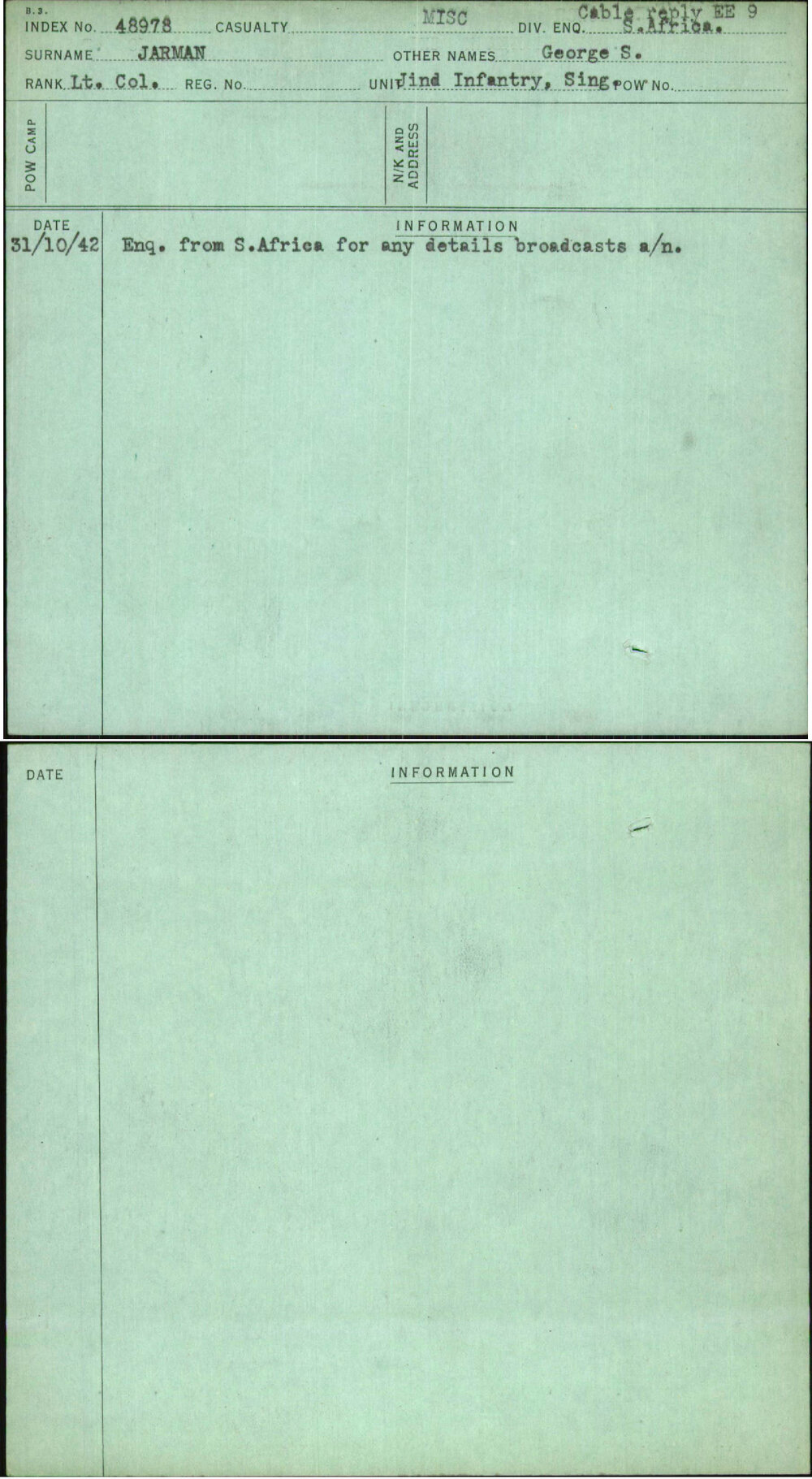 Jarman, George S, [No Service Number]