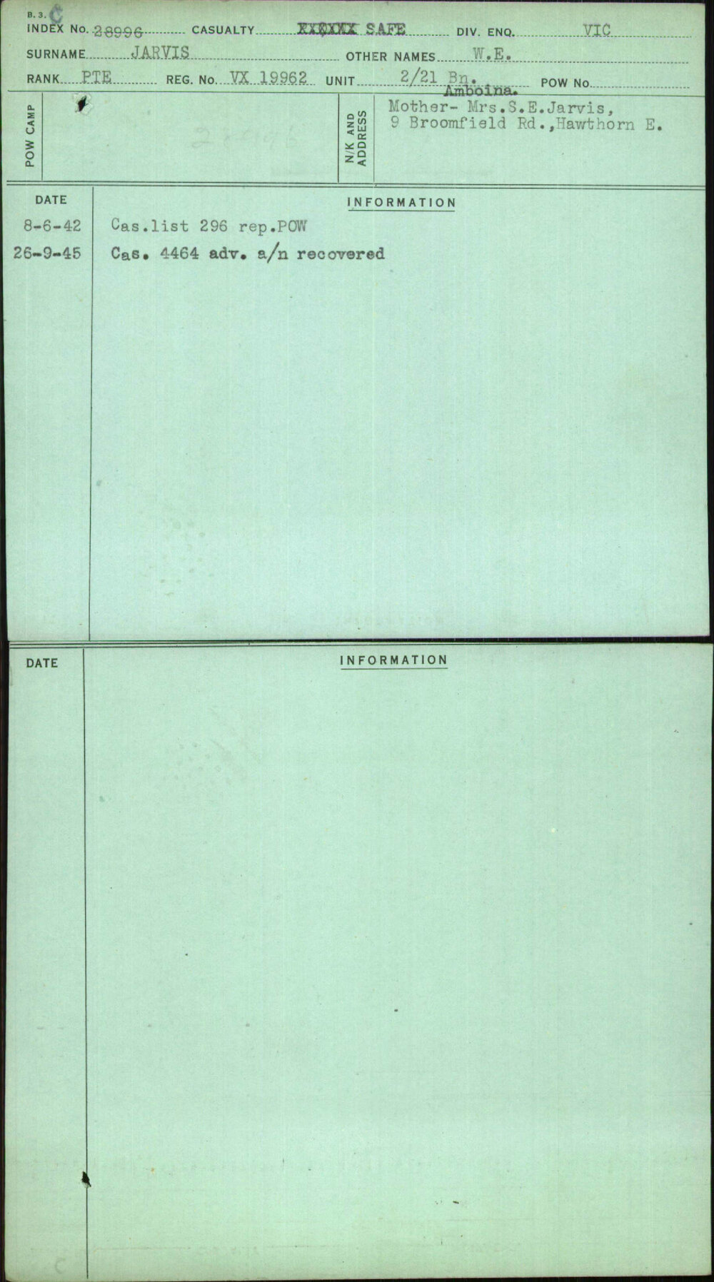 Jarvis, W E, VX19962