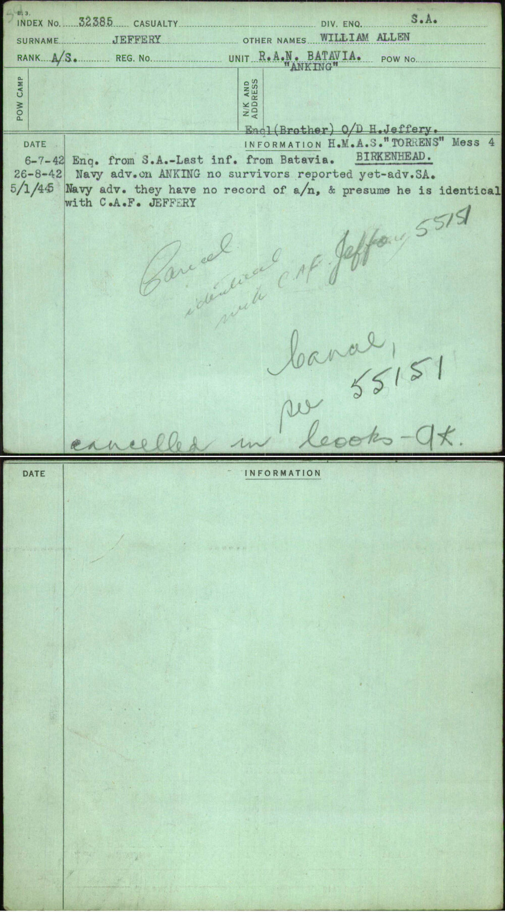 Jeffery, William Allen, [No Service Number]