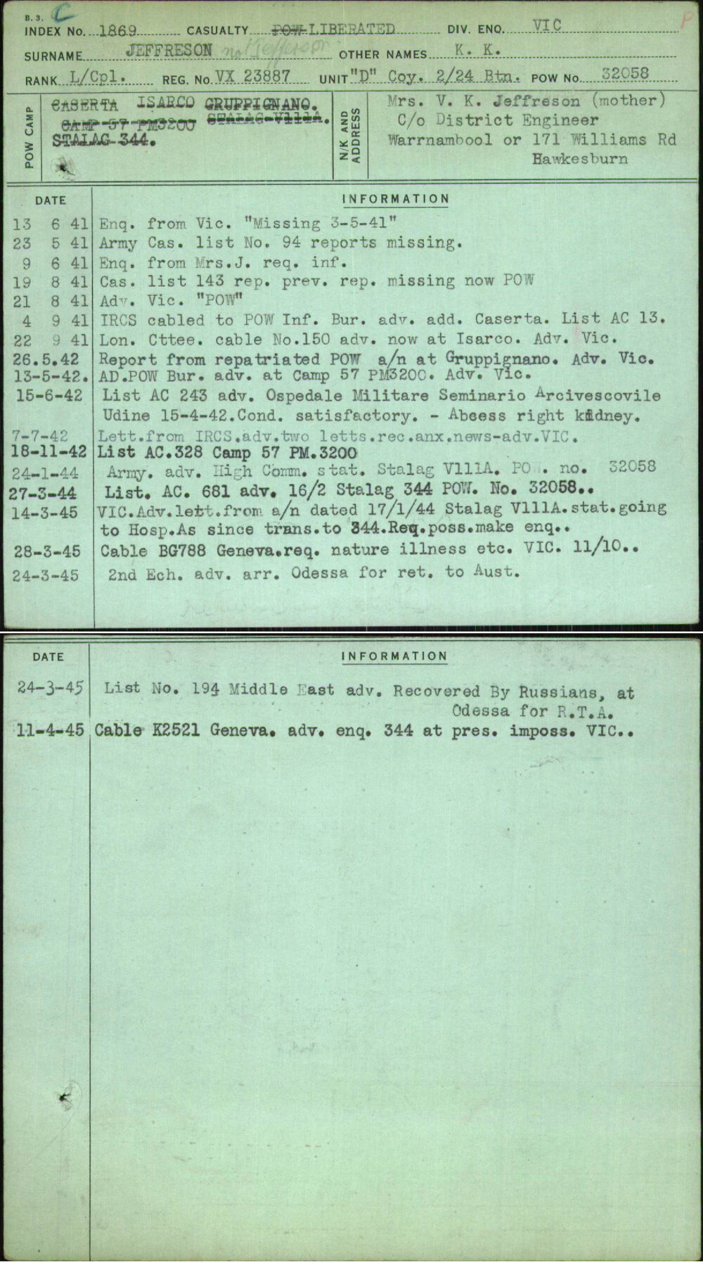 Jeffreson, K K, VX23887