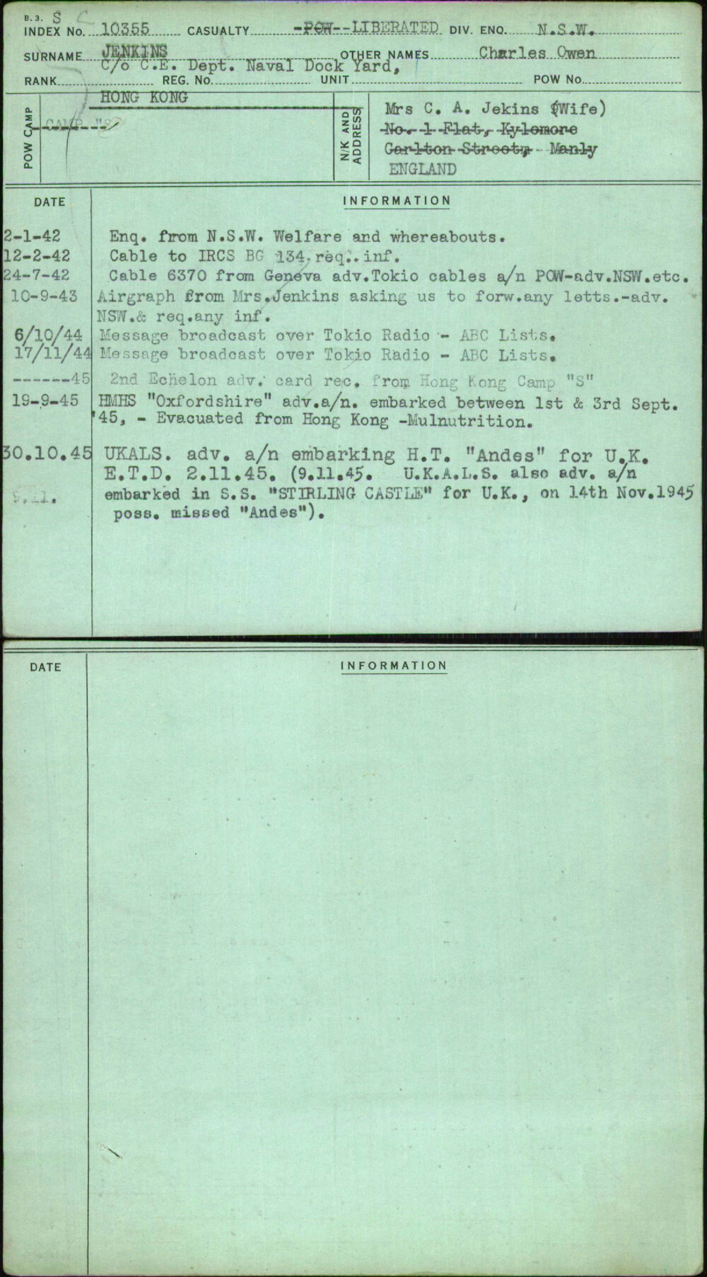 Jenkins, Charles Owen, [No Service Number]