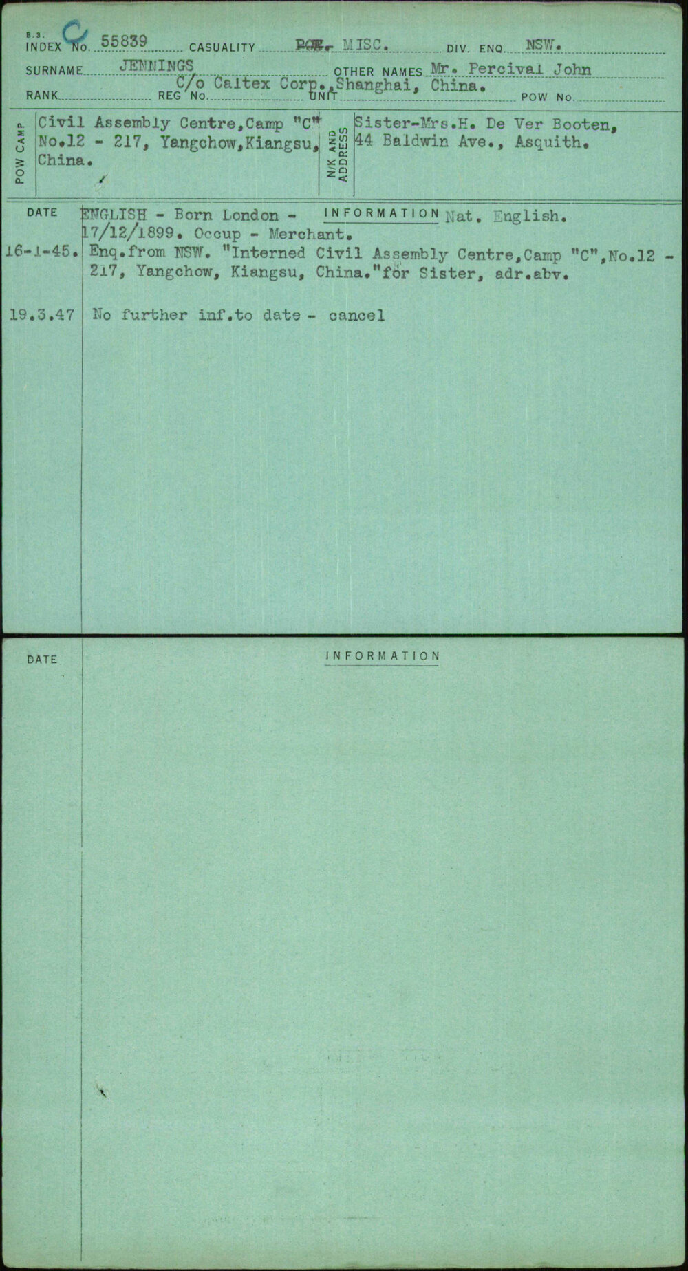 Jennings, Mr Percival John, C-O Caltex Corp Shanghai China